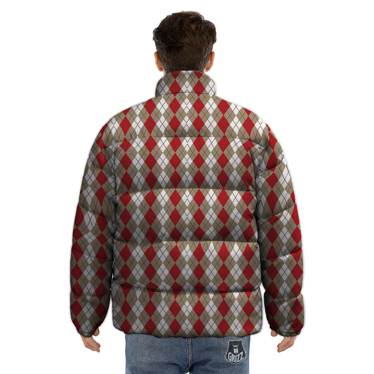 White Argyle And Beige Red Print Pattern Puffer Jacket-grizzshop
