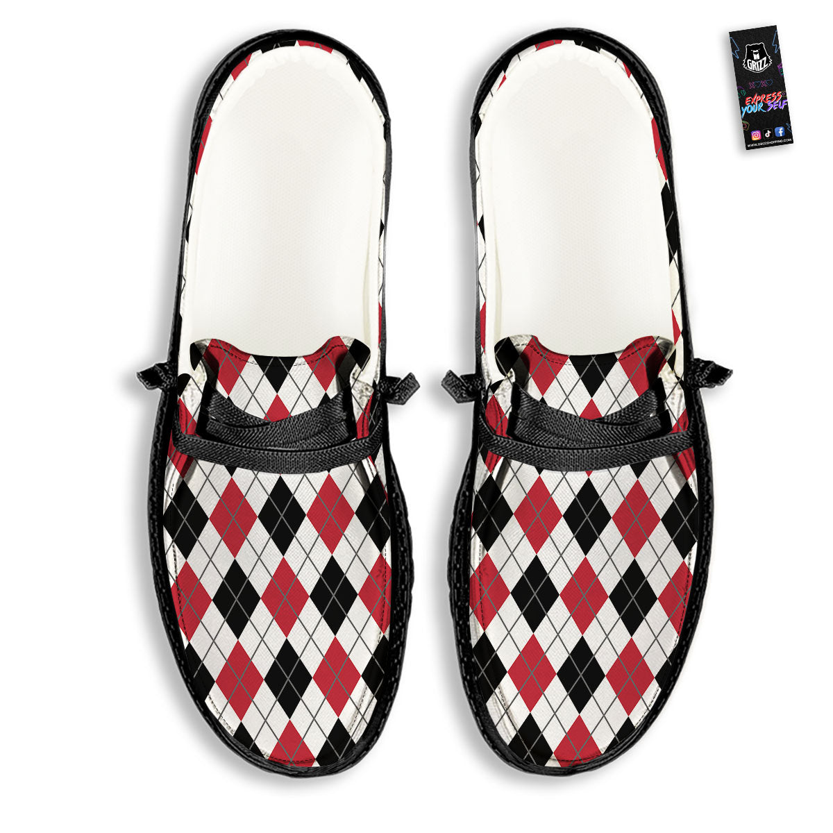 White Argyle And Black Red Print Black Loafers-grizzshop