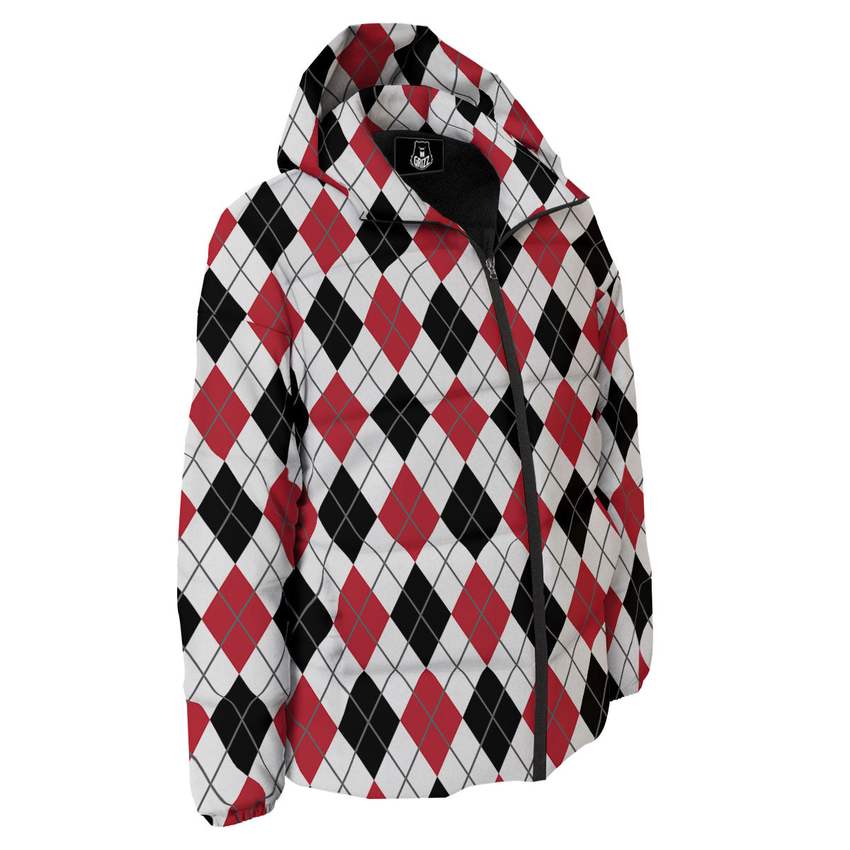 White Argyle And Black Red Print Down Jacket-grizzshop