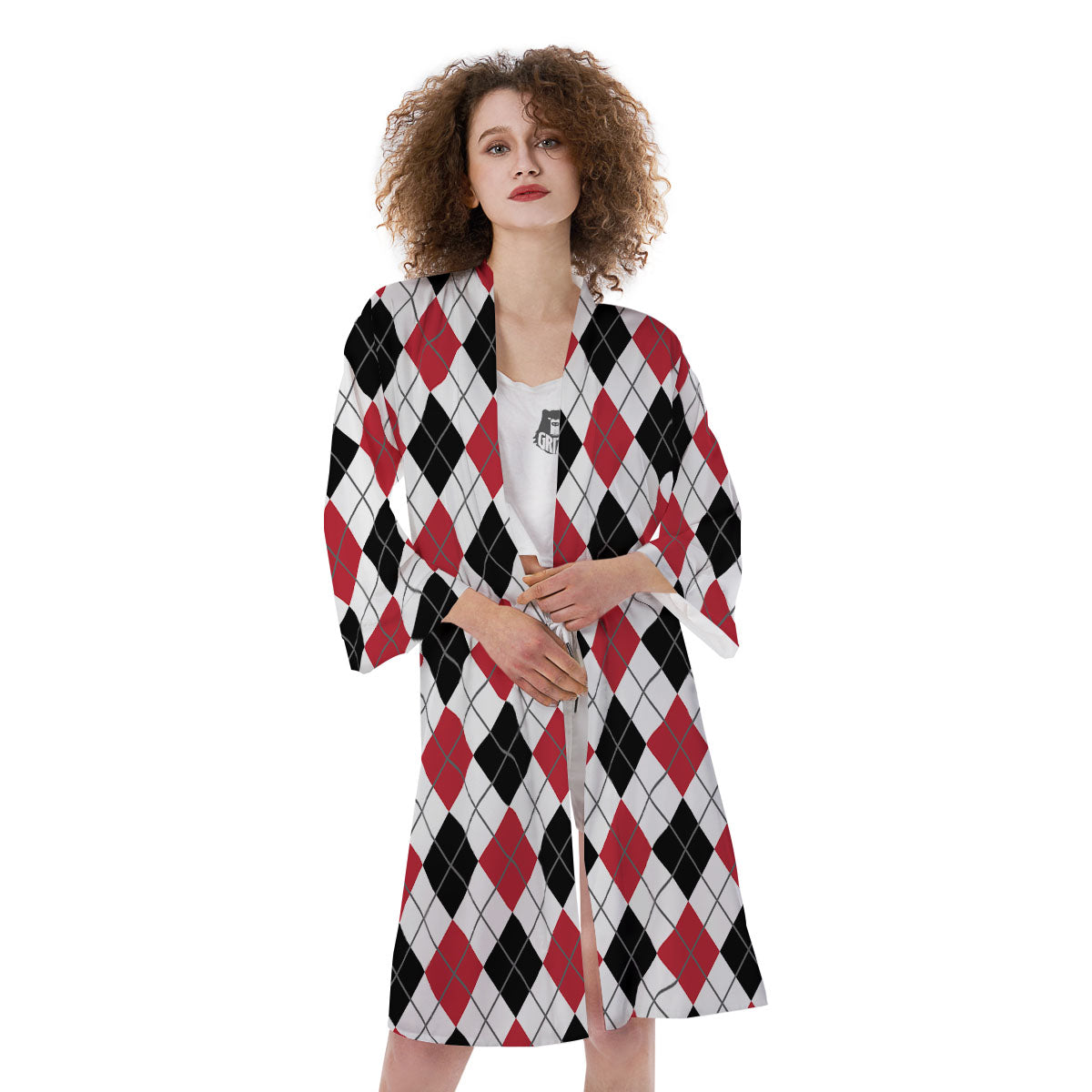 White Argyle And Black Red Print Kimono-grizzshop
