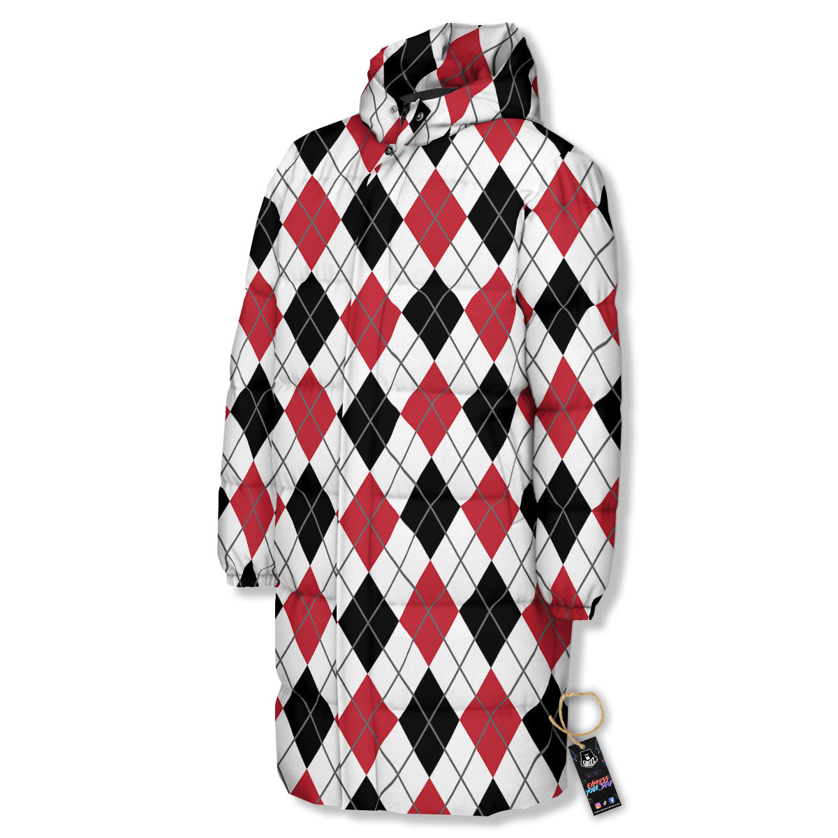 White Argyle And Black Red Print Long Down Jacket-grizzshop