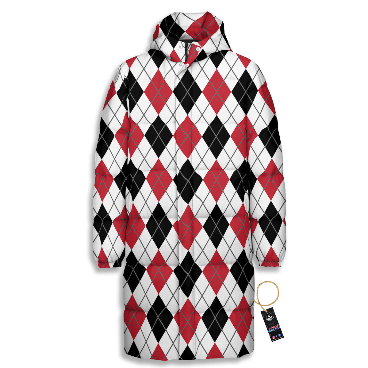 White Argyle And Black Red Print Long Down Jacket-grizzshop