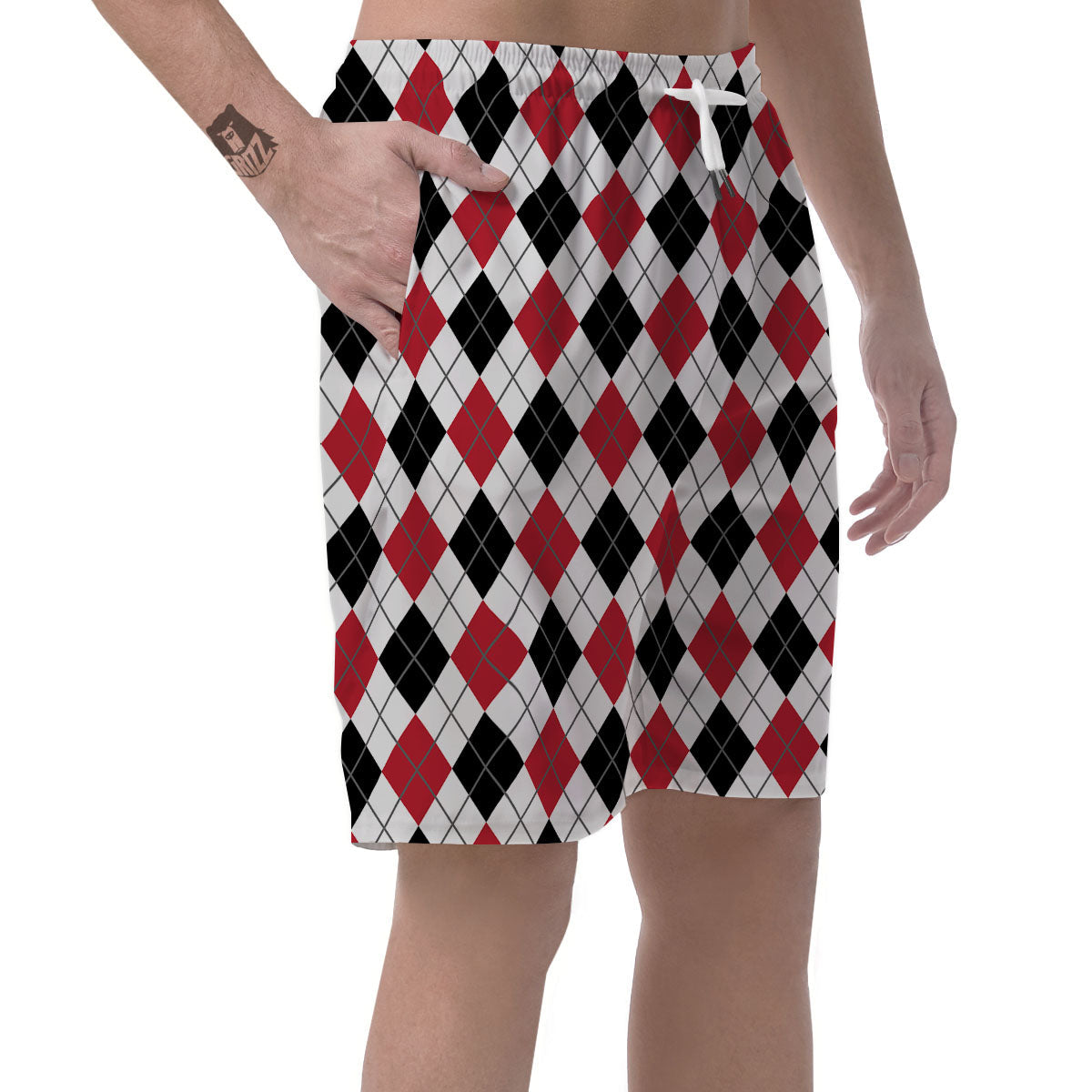 White Argyle And Black Red Print Men's Shorts-grizzshop
