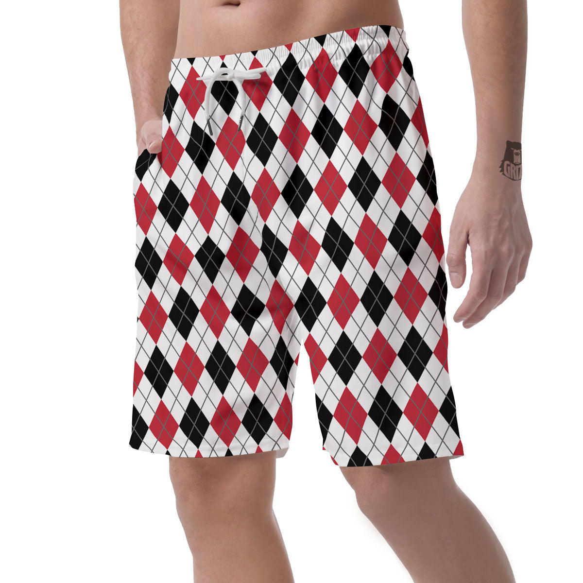 White Argyle And Black Red Print Men's Shorts-grizzshop
