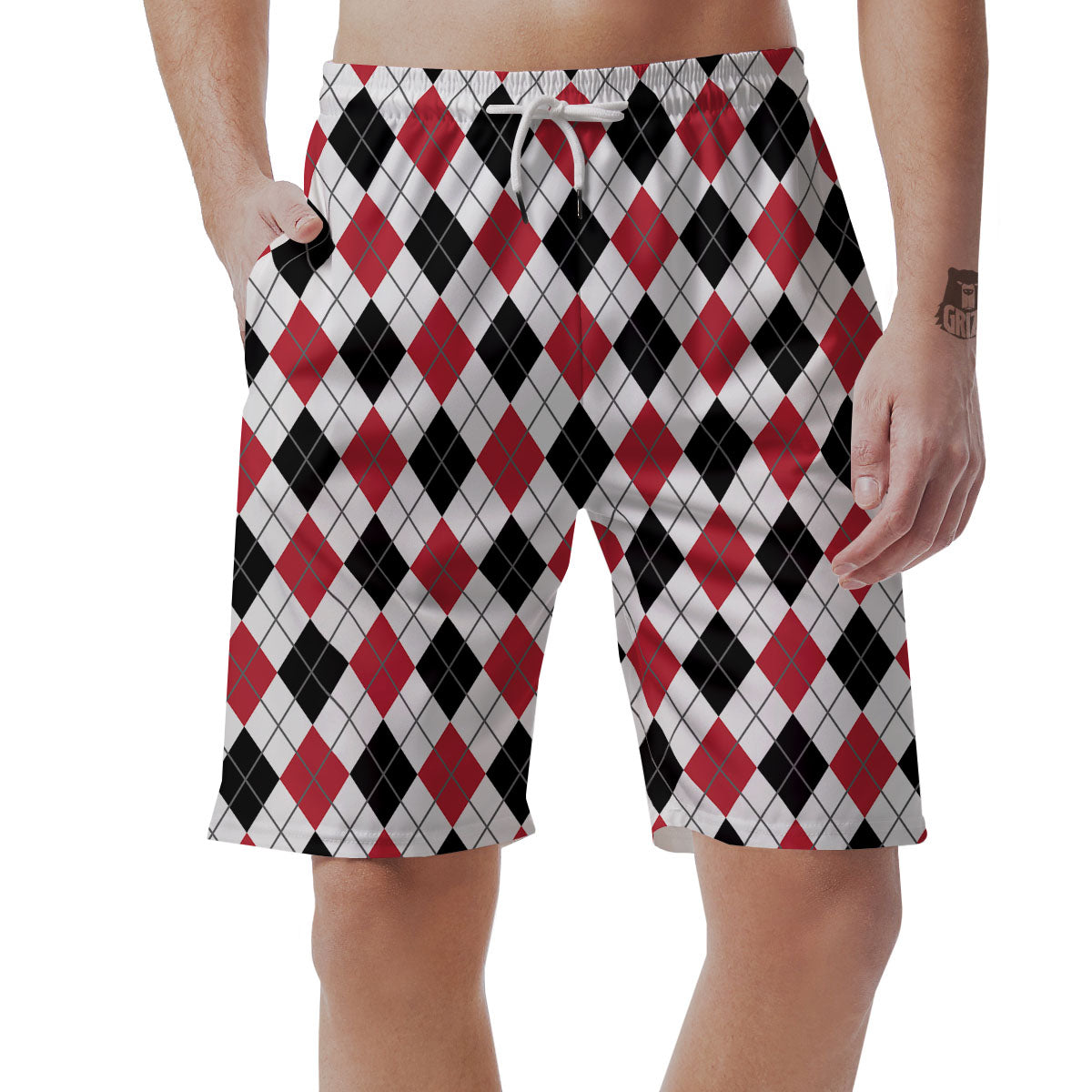 White Argyle And Black Red Print Men's Shorts-grizzshop