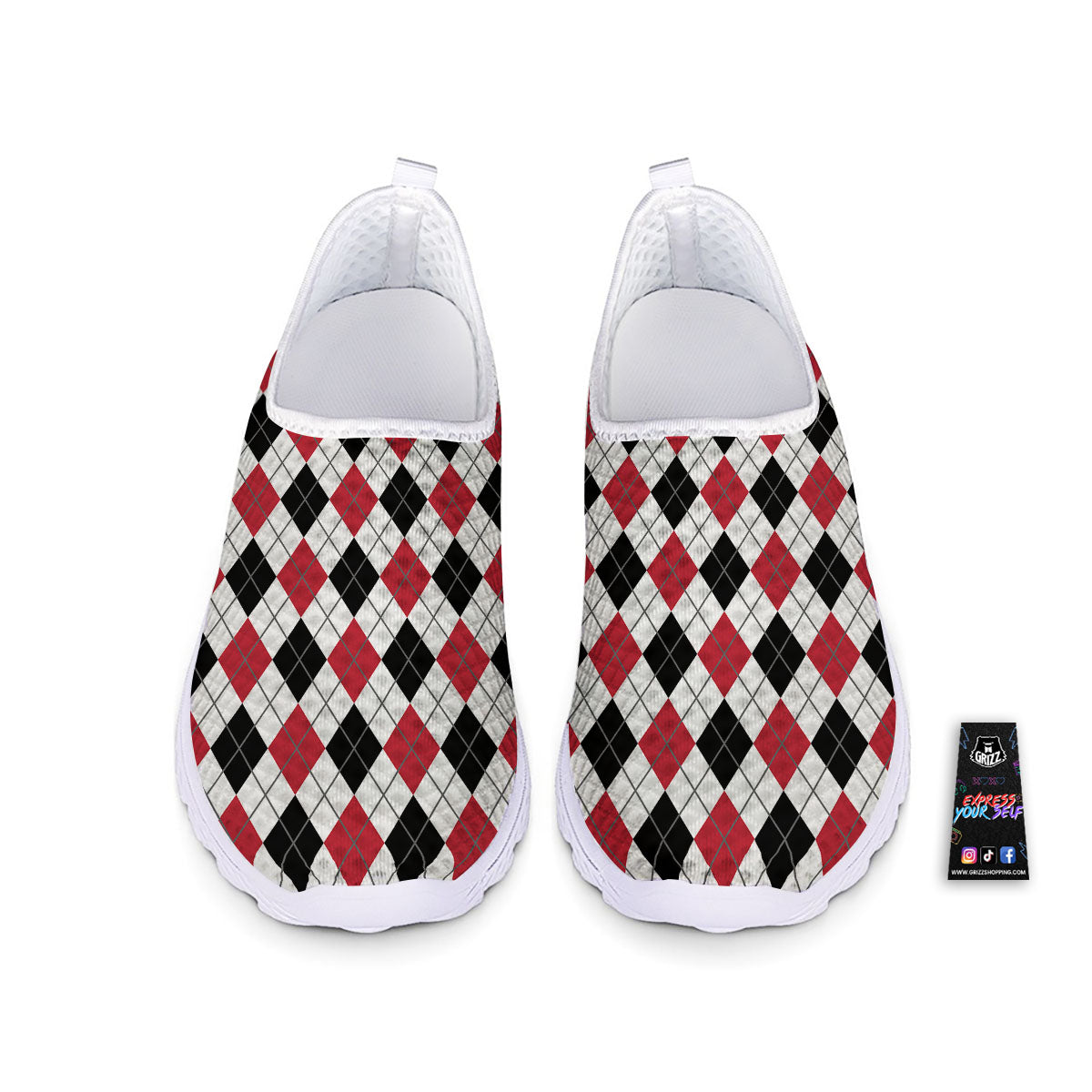 White Argyle And Black Red Print Nurse Shoes-grizzshop