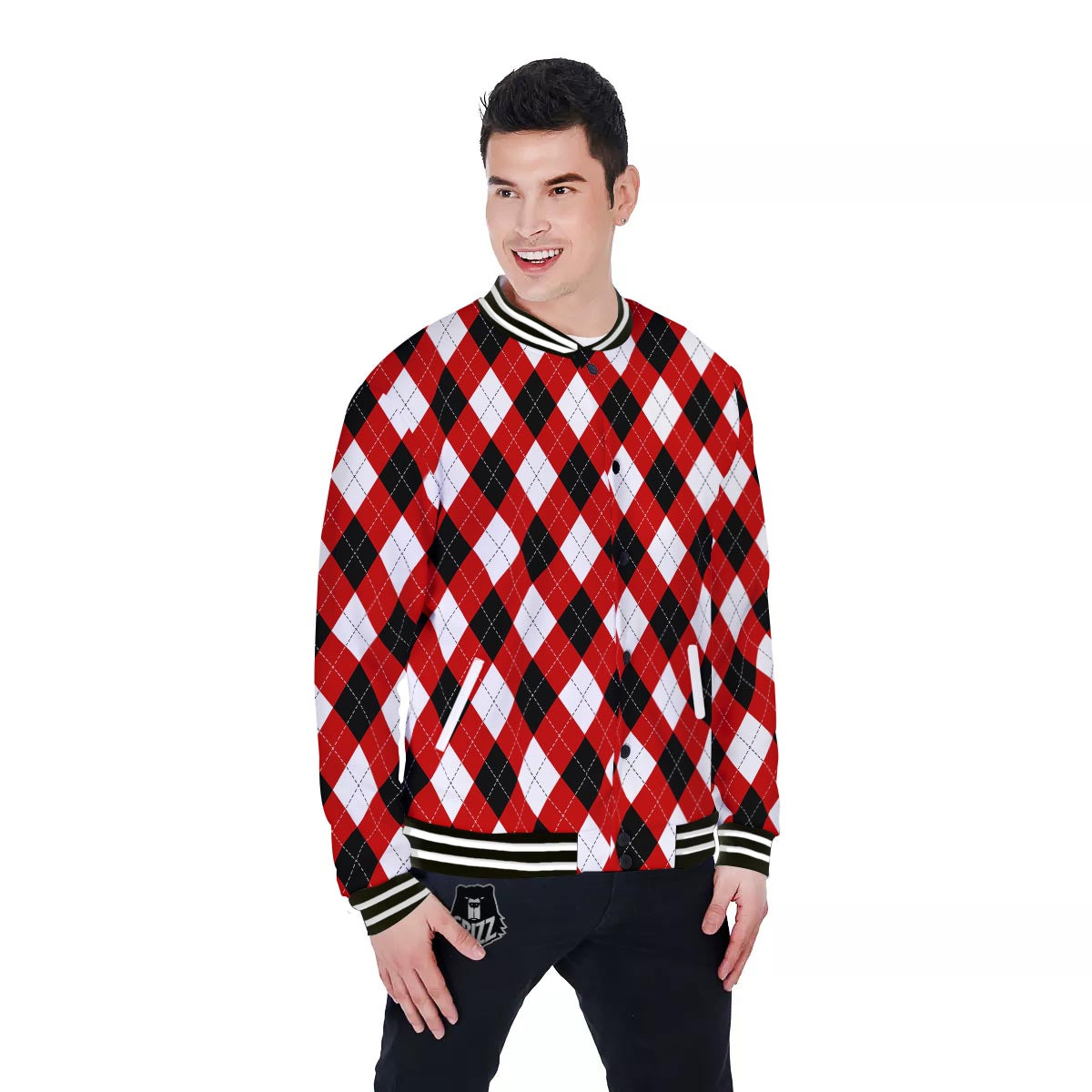 White Argyle And Black Red Print Pattern Baseball Jacket-grizzshop