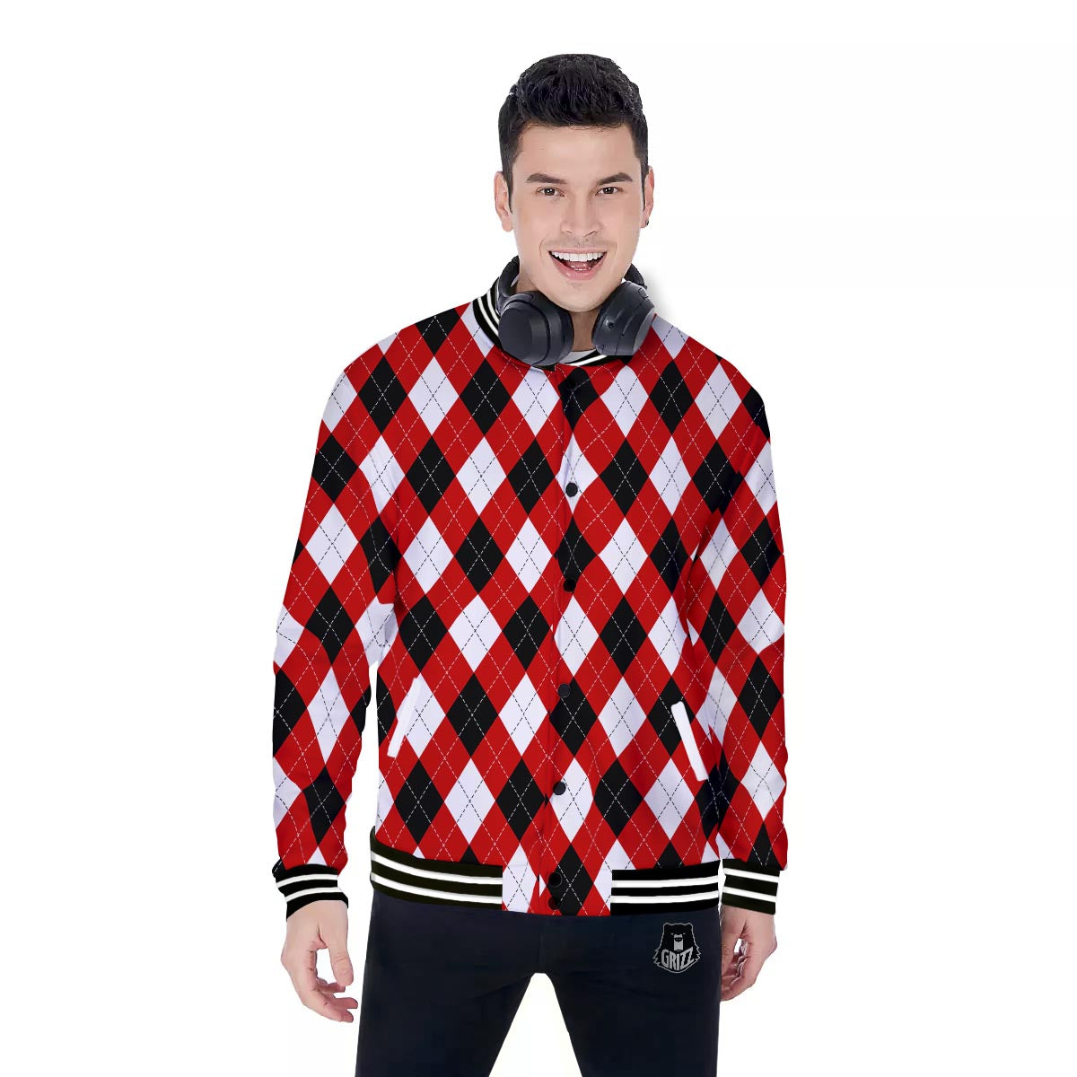 White Argyle And Black Red Print Pattern Baseball Jacket-grizzshop