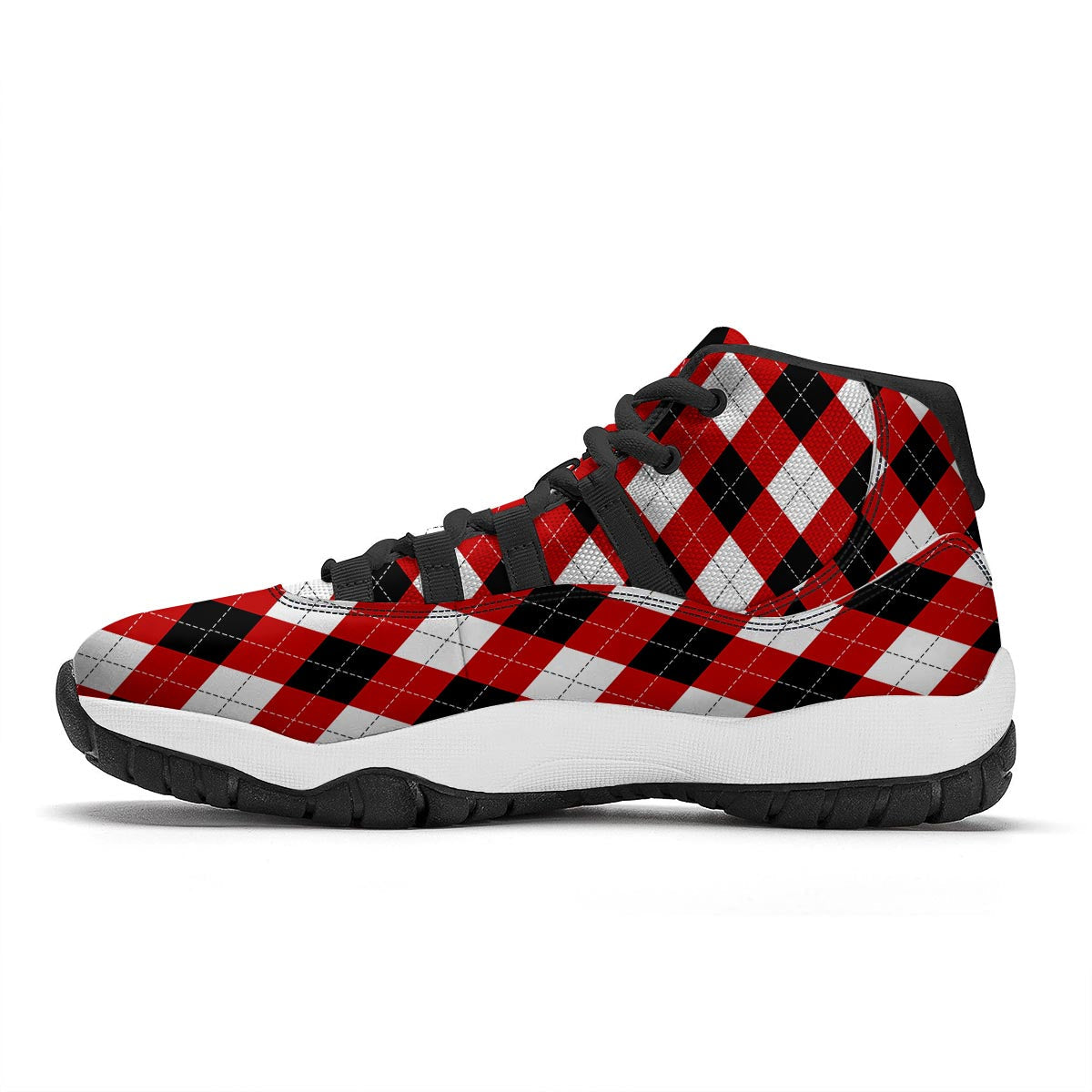 White Argyle And Black Red Print Pattern Black Bball Shoes-grizzshop