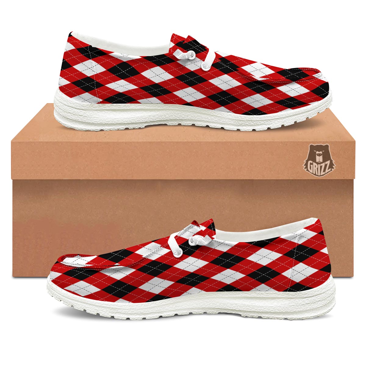 White Argyle And Black Red Print Pattern Black Loafers-grizzshop