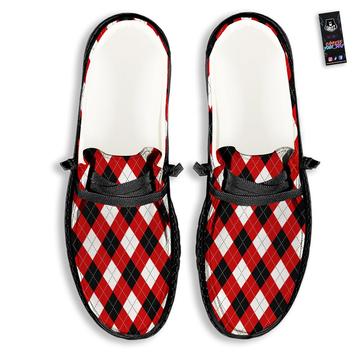 White Argyle And Black Red Print Pattern Black Loafers-grizzshop