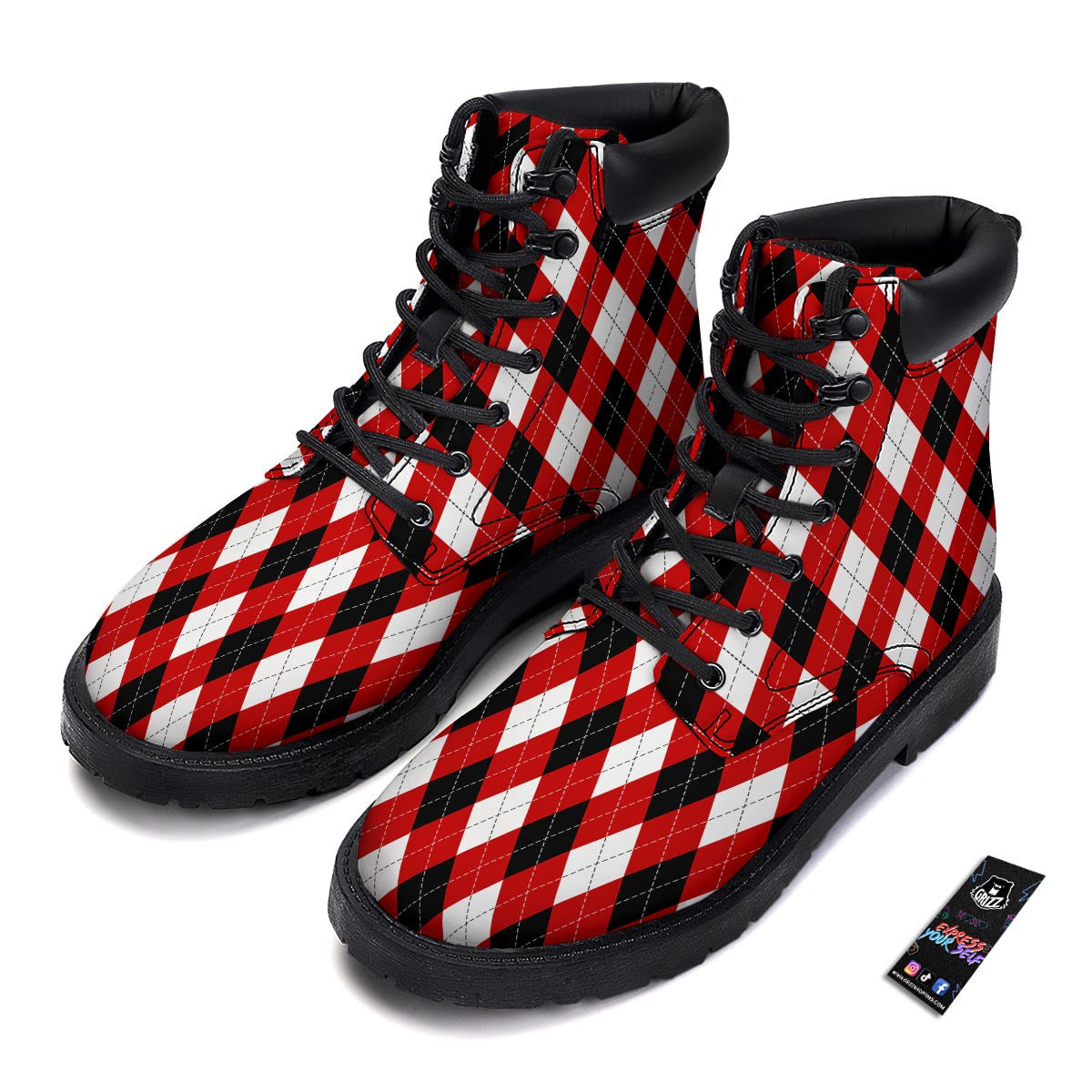White Argyle And Black Red Print Pattern Boots-grizzshop