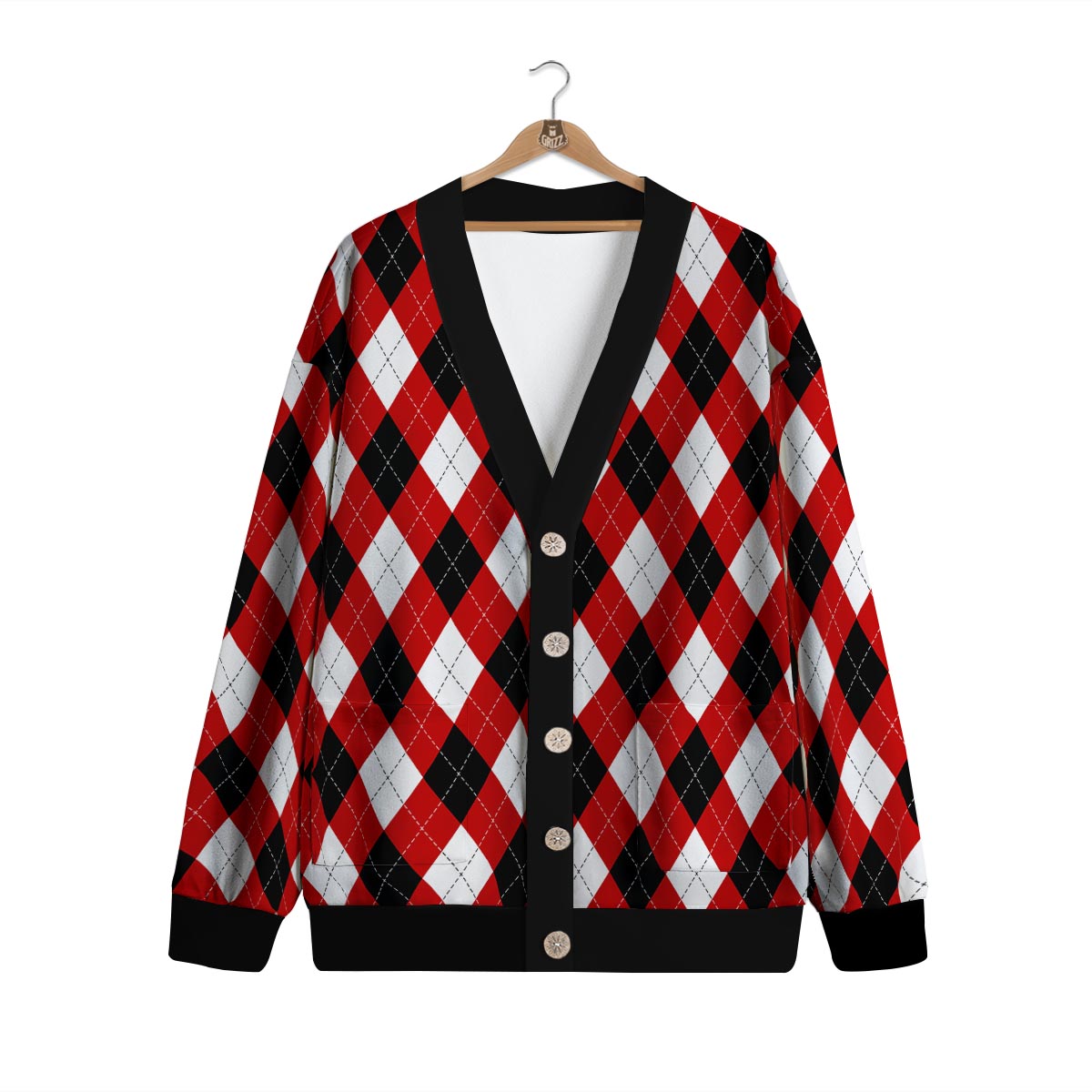 White Argyle And Black Red Print Pattern Cardigan-grizzshop