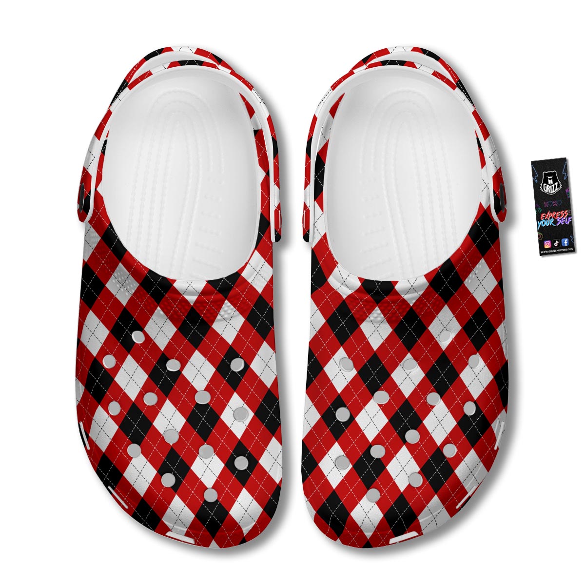 White Argyle And Black Red Print Pattern Clog-grizzshop