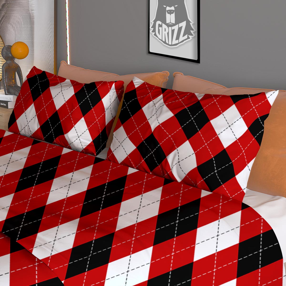 White Argyle And Black Red Print Pattern Duvet Cover Bedding Set