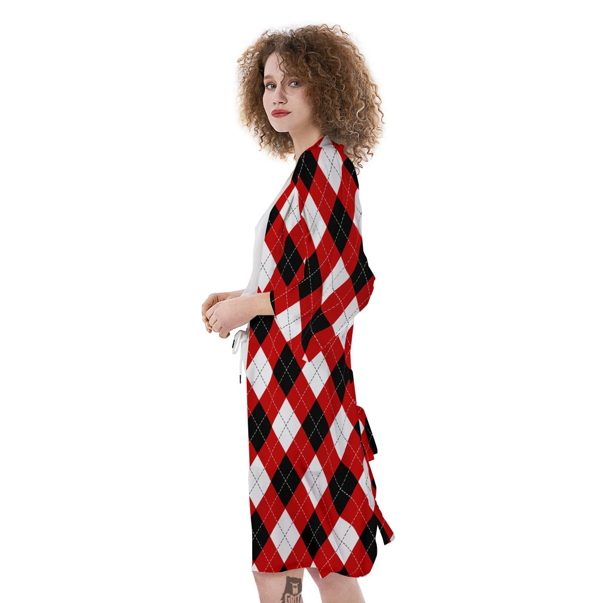 White Argyle And Black Red Print Pattern Kimono-grizzshop