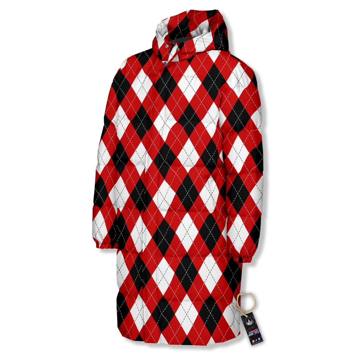 White Argyle And Black Red Print Pattern Long Down Jacket-grizzshop