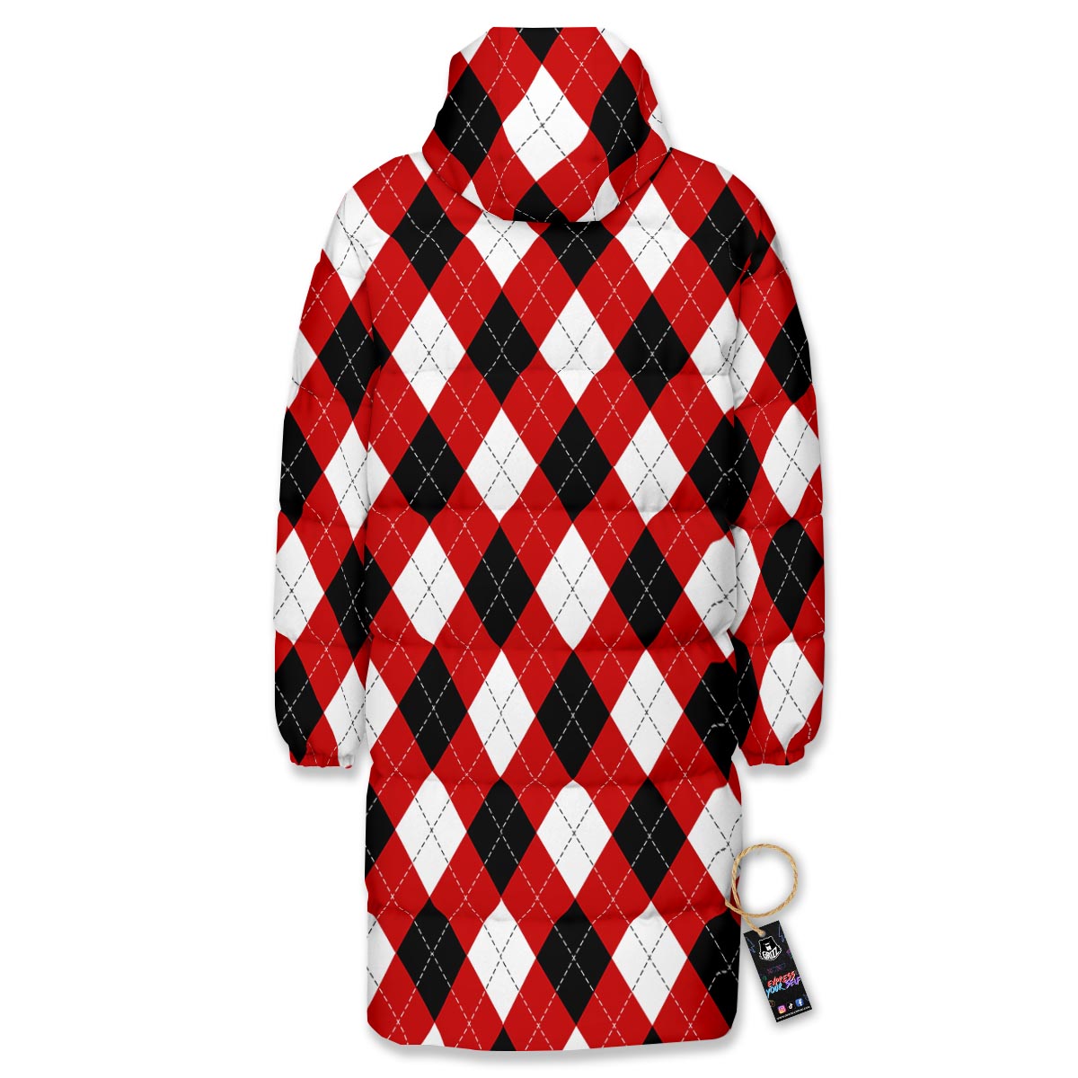 White Argyle And Black Red Print Pattern Long Down Jacket-grizzshop