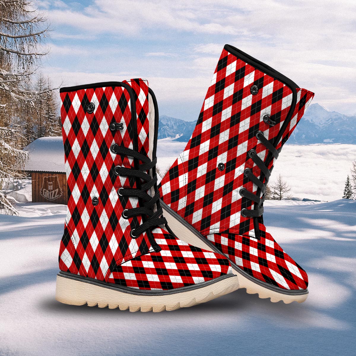 White Argyle And Black Red Print Pattern Snow Boots-grizzshop