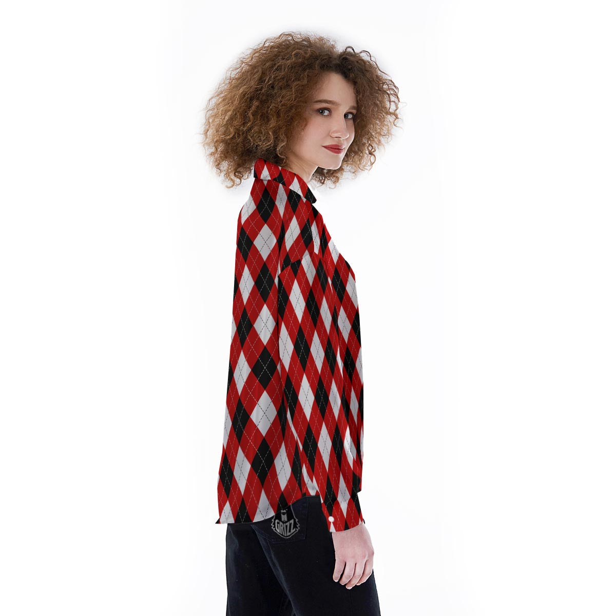 White Argyle And Black Red Print Pattern Women's Long Sleeve Shirts-grizzshop
