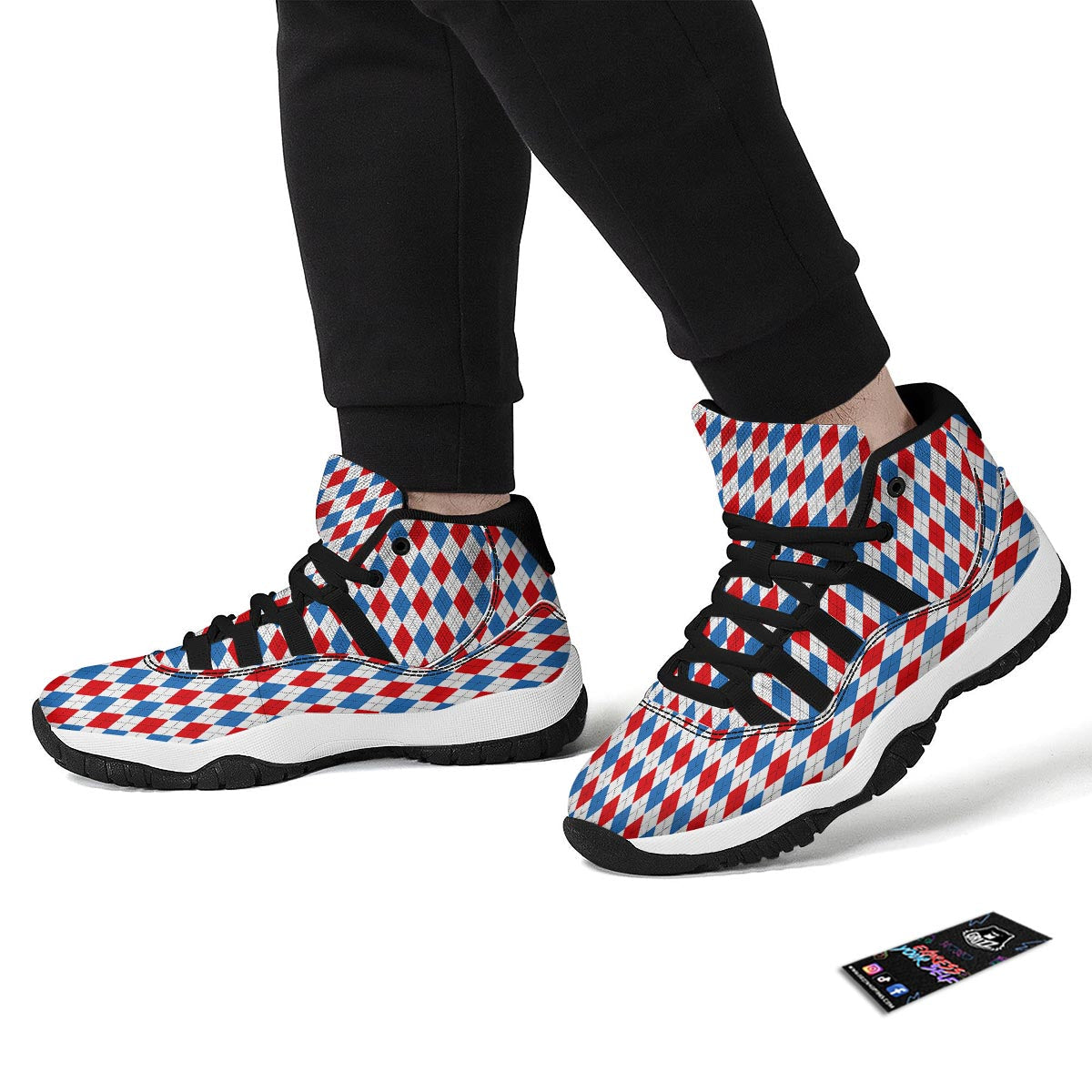 White Argyle And Blue Red Print Pattern Black Bball Shoes-grizzshop
