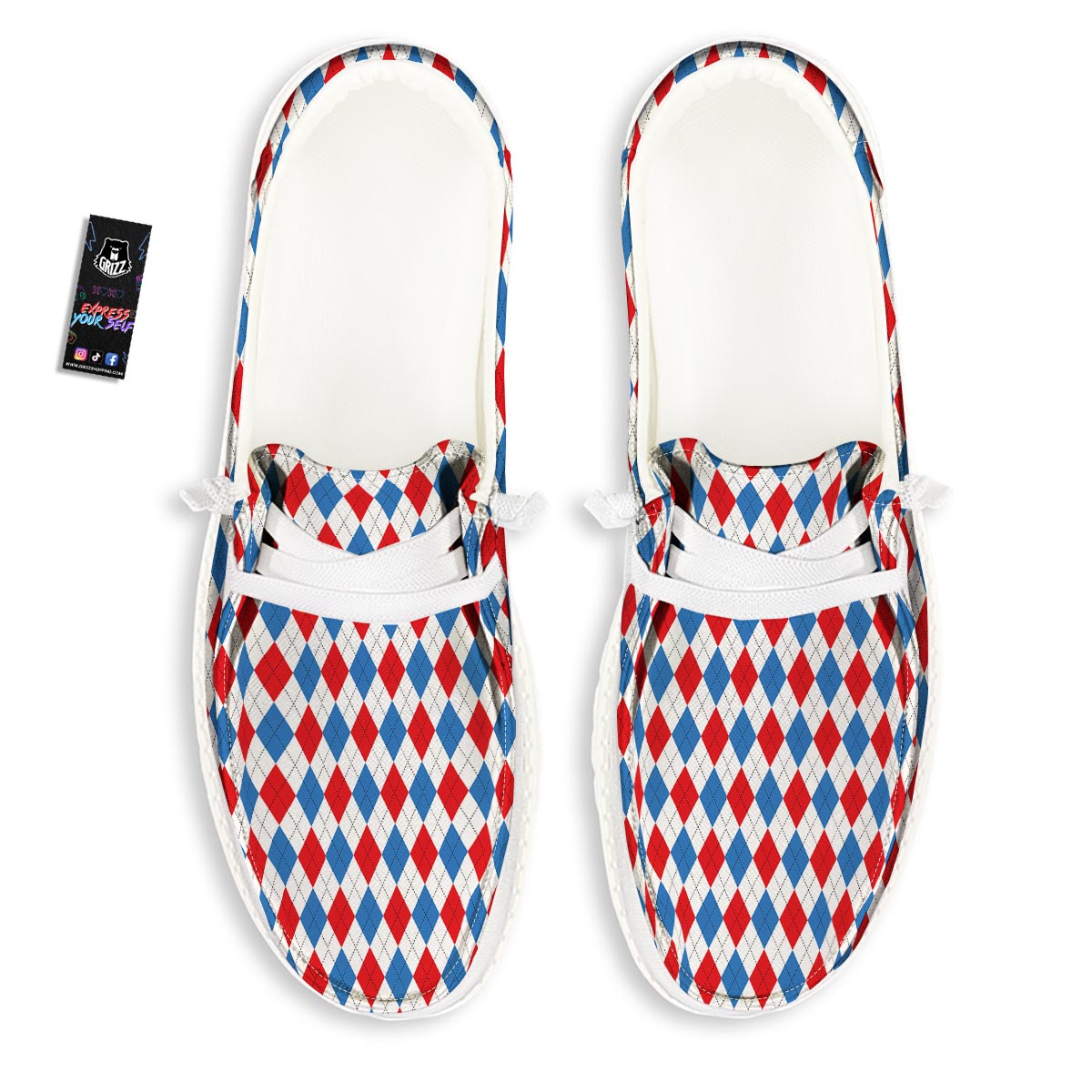 White Argyle And Blue Red Print Pattern Black Loafers-grizzshop