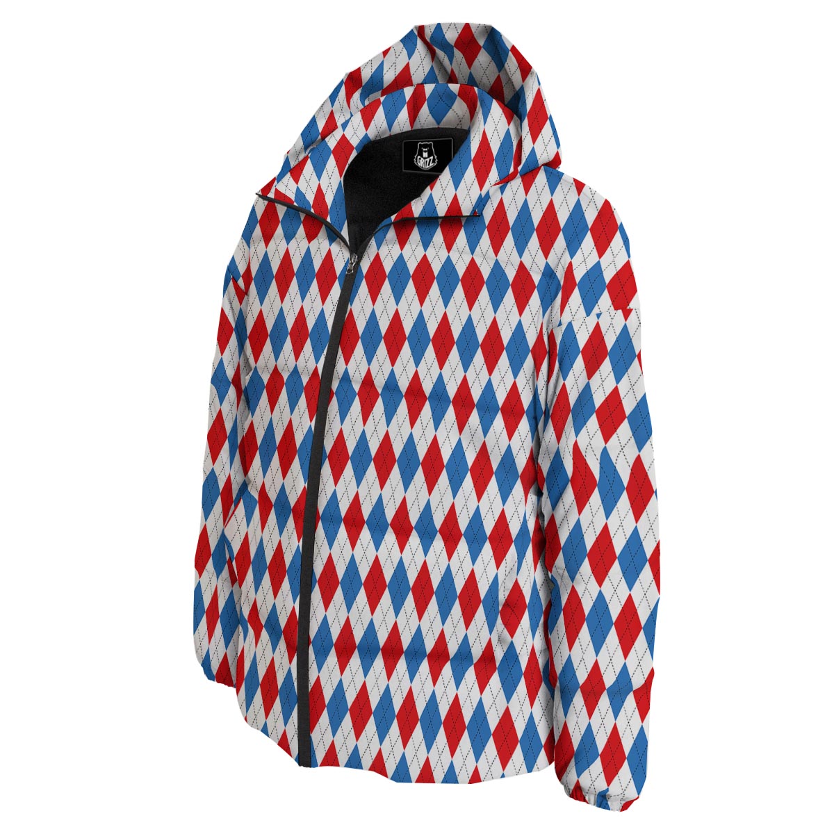 White Argyle And Blue Red Print Pattern Down Jacket-grizzshop