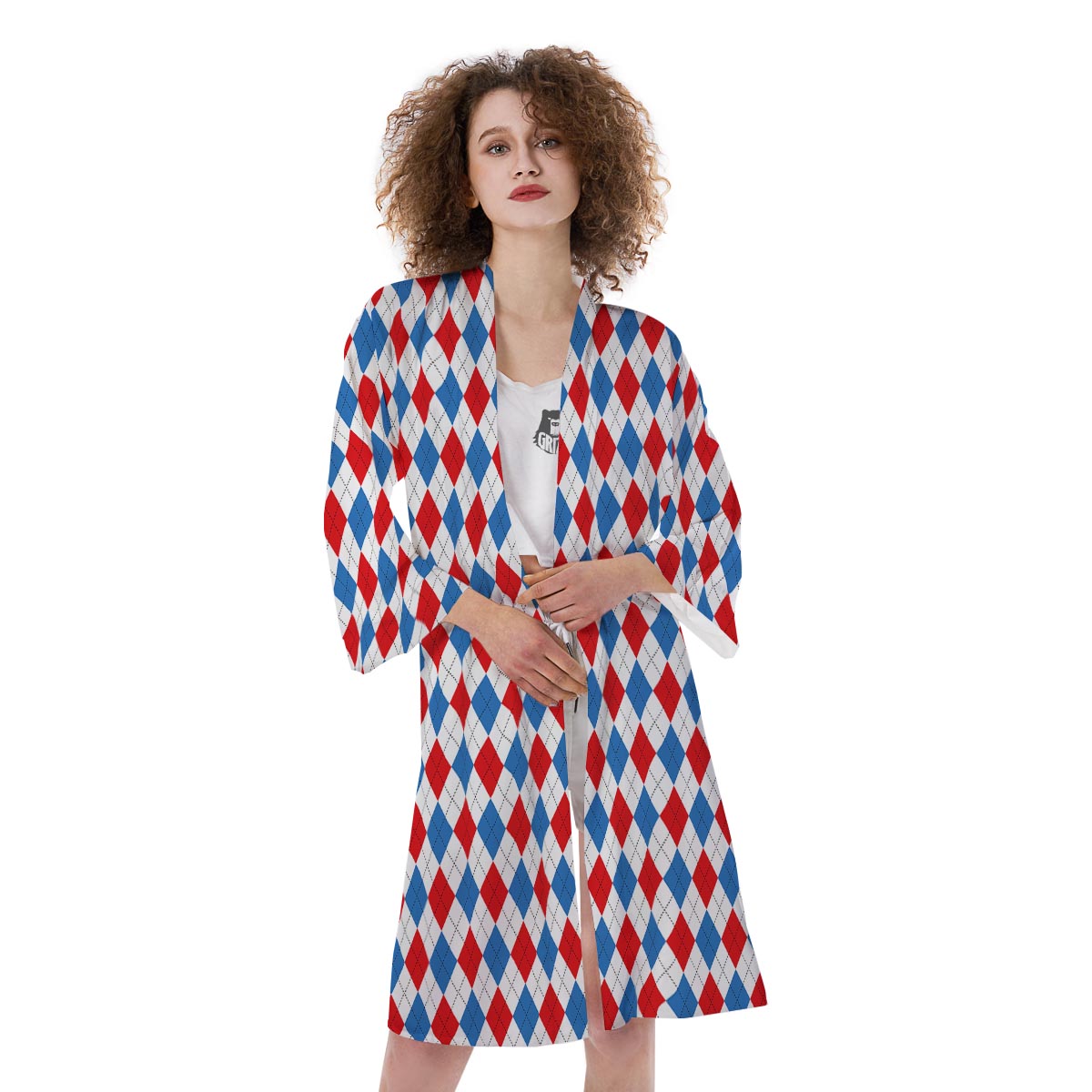 White Argyle And Blue Red Print Pattern Kimono-grizzshop