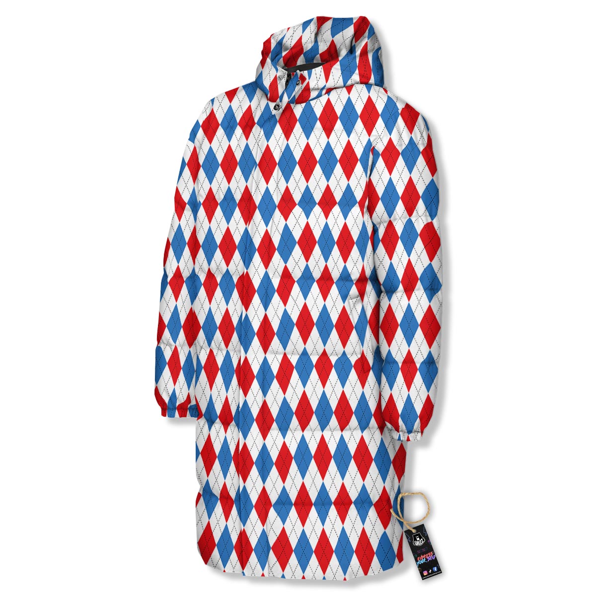 White Argyle And Blue Red Print Pattern Long Down Jacket-grizzshop