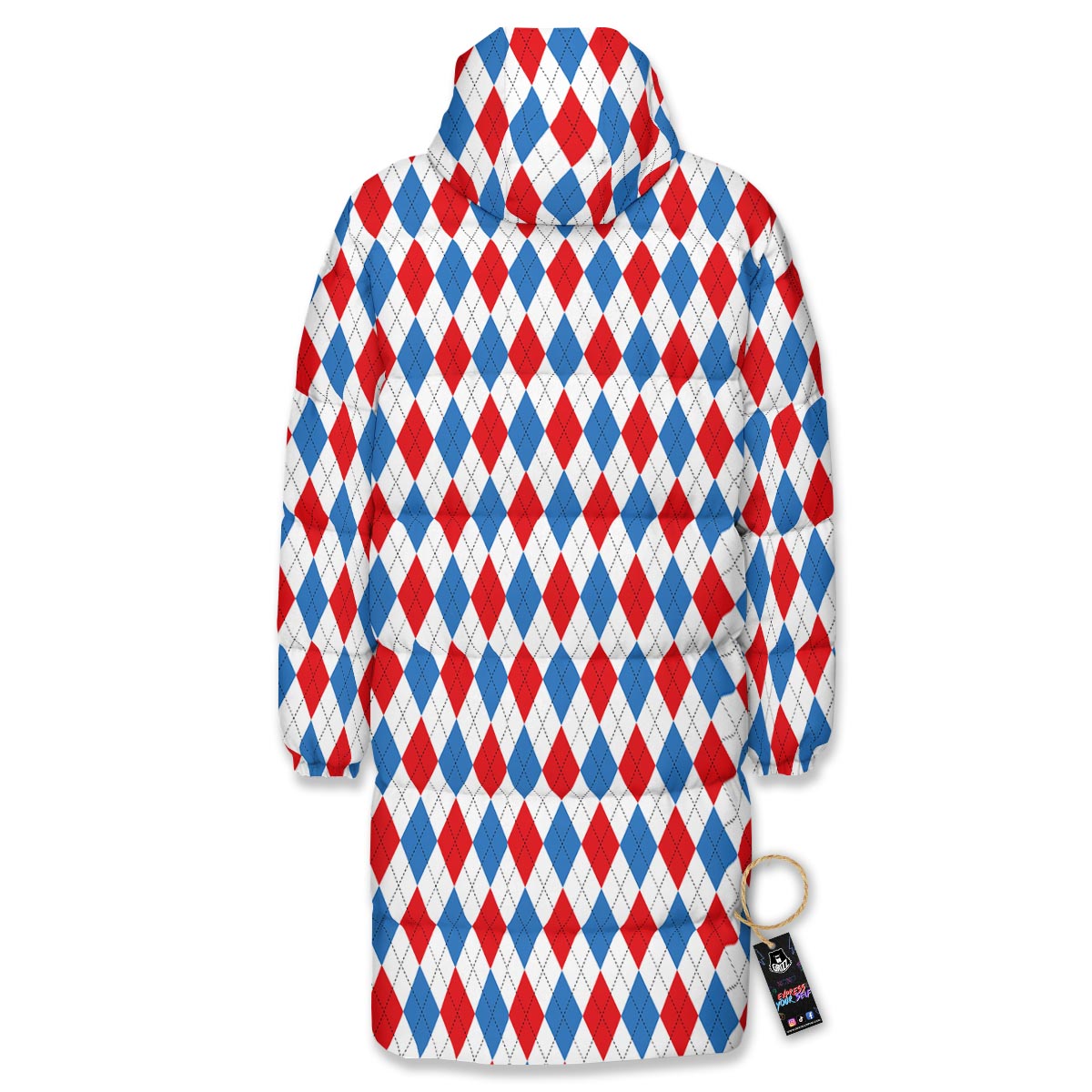 White Argyle And Blue Red Print Pattern Long Down Jacket-grizzshop