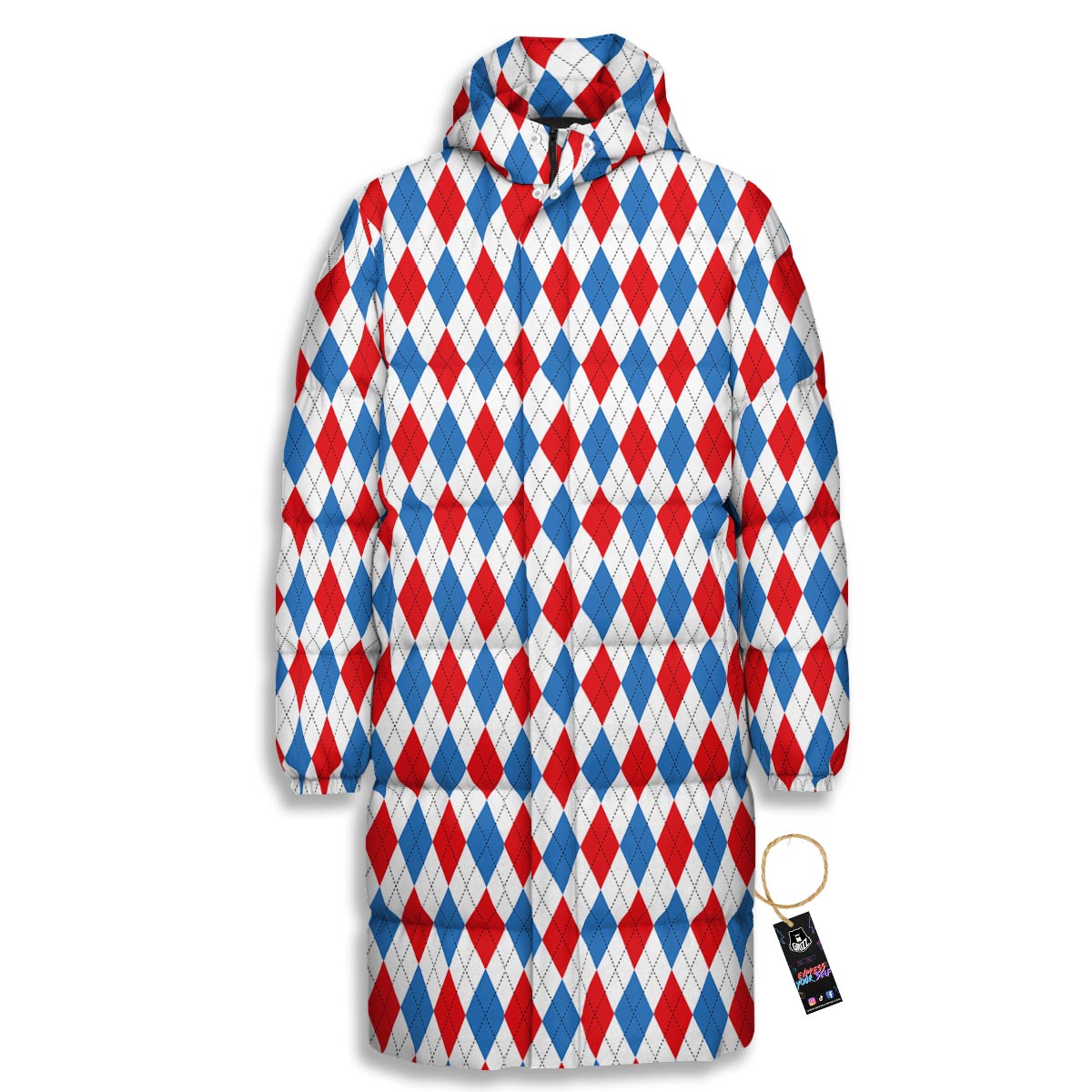 White Argyle And Blue Red Print Pattern Long Down Jacket-grizzshop