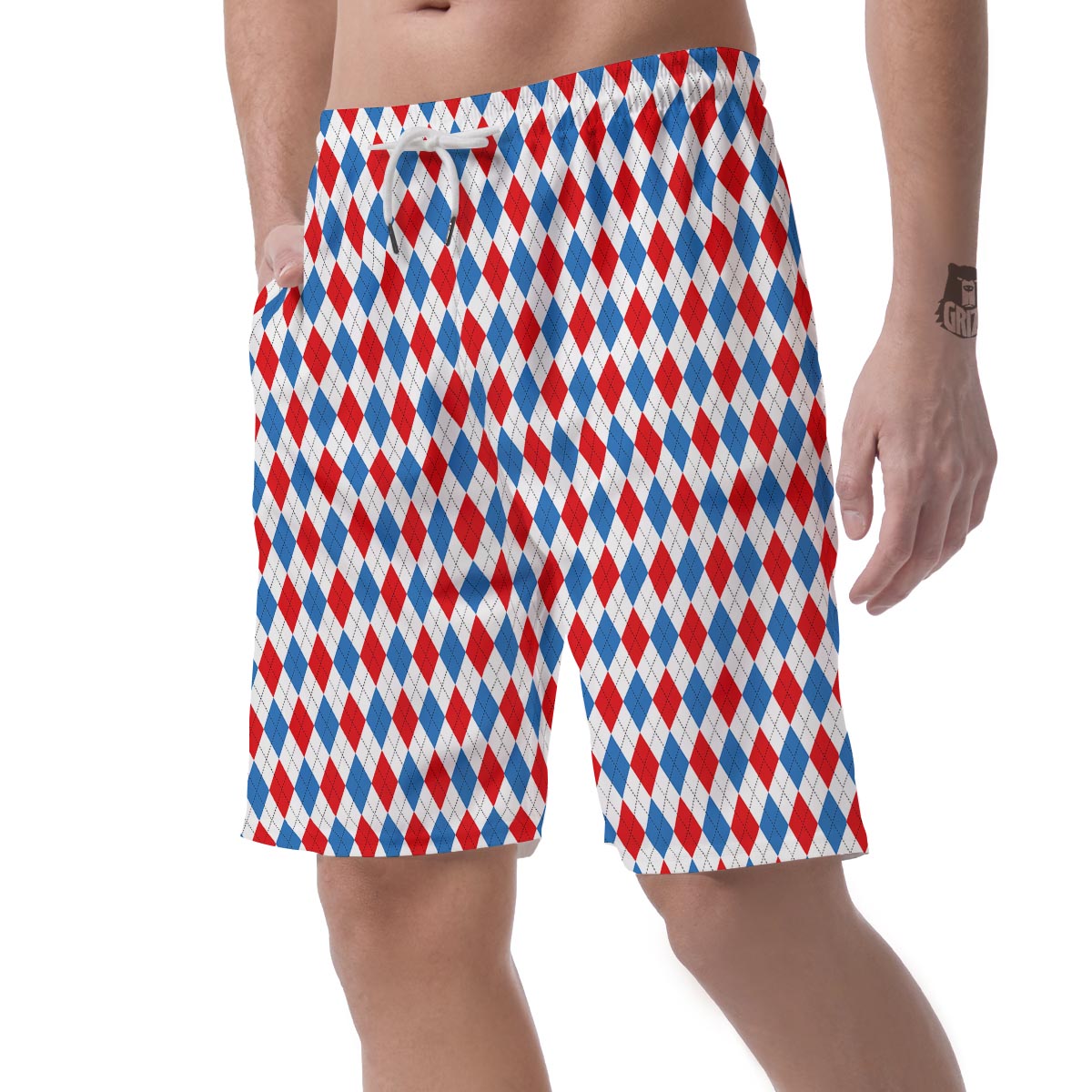 White Argyle And Blue Red Print Pattern Men's Shorts-grizzshop