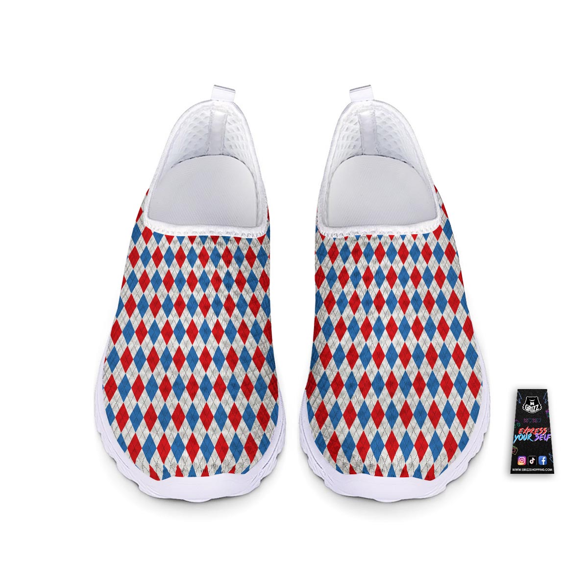 White Argyle And Blue Red Print Pattern Nurse Shoes-grizzshop