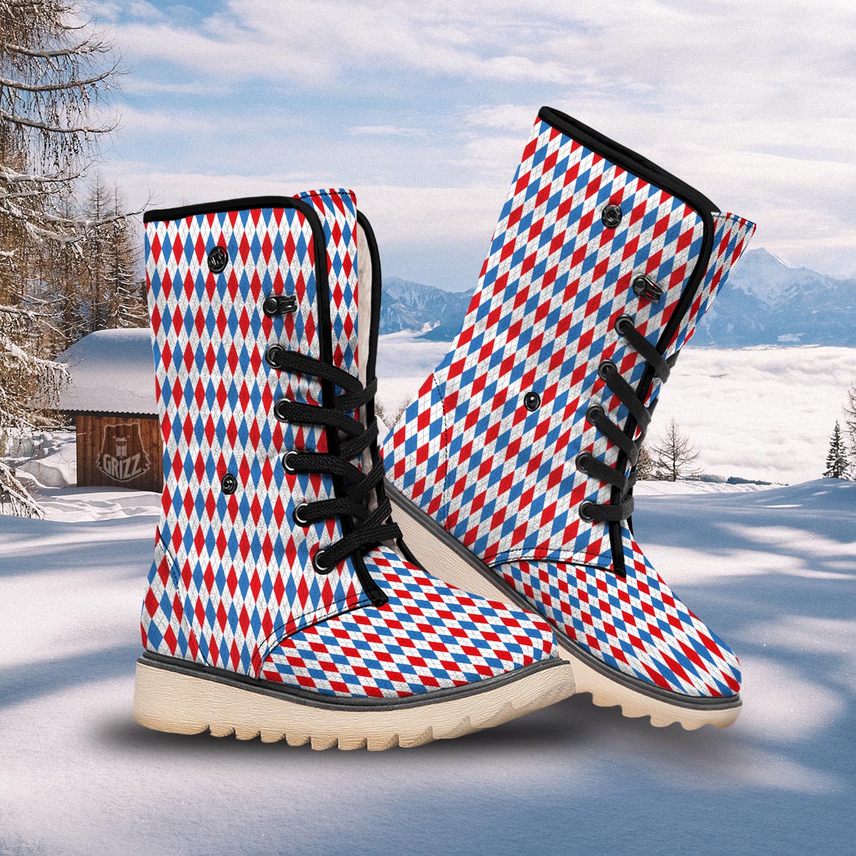 White Argyle And Blue Red Print Pattern Snow Boots-grizzshop