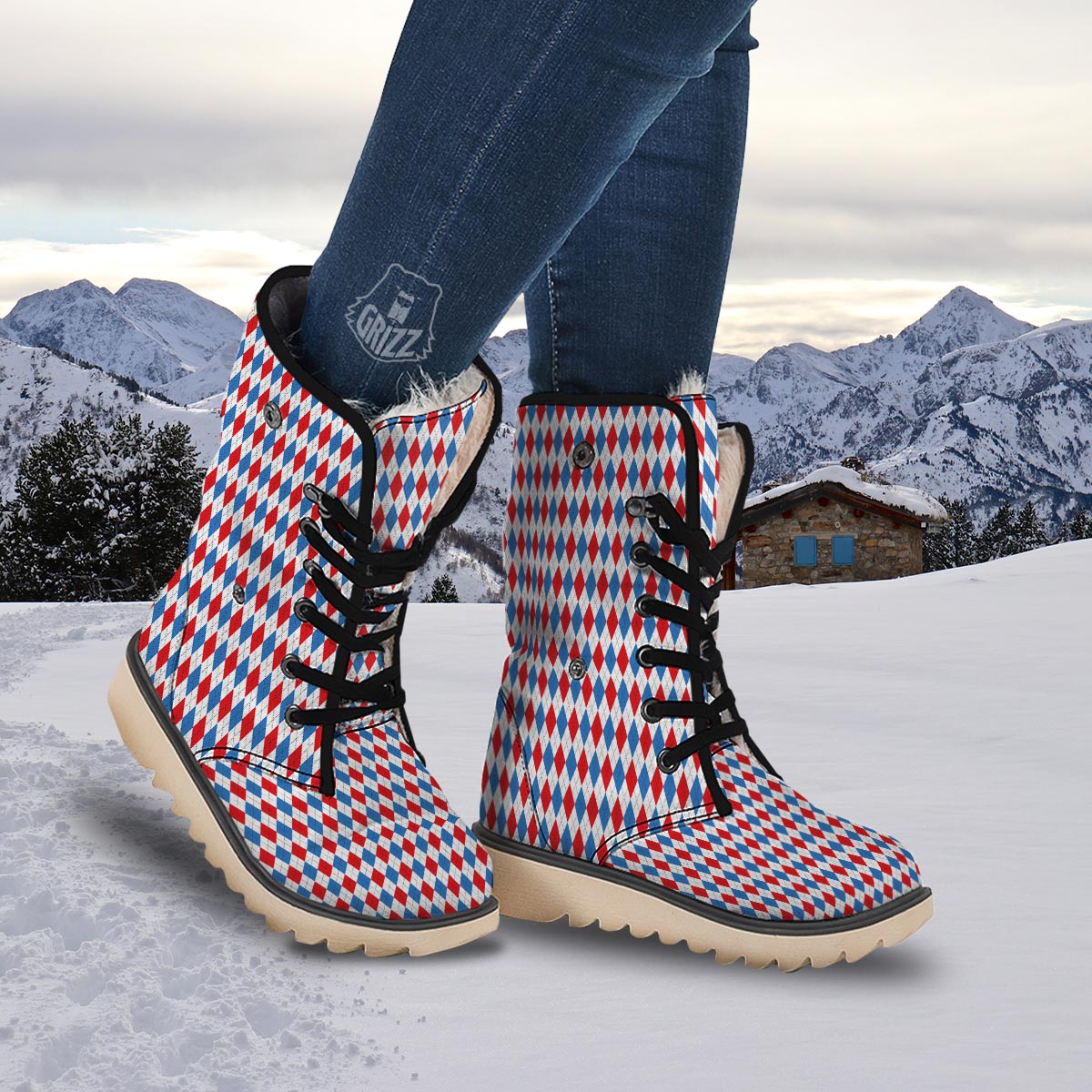 White Argyle And Blue Red Print Pattern Snow Boots-grizzshop