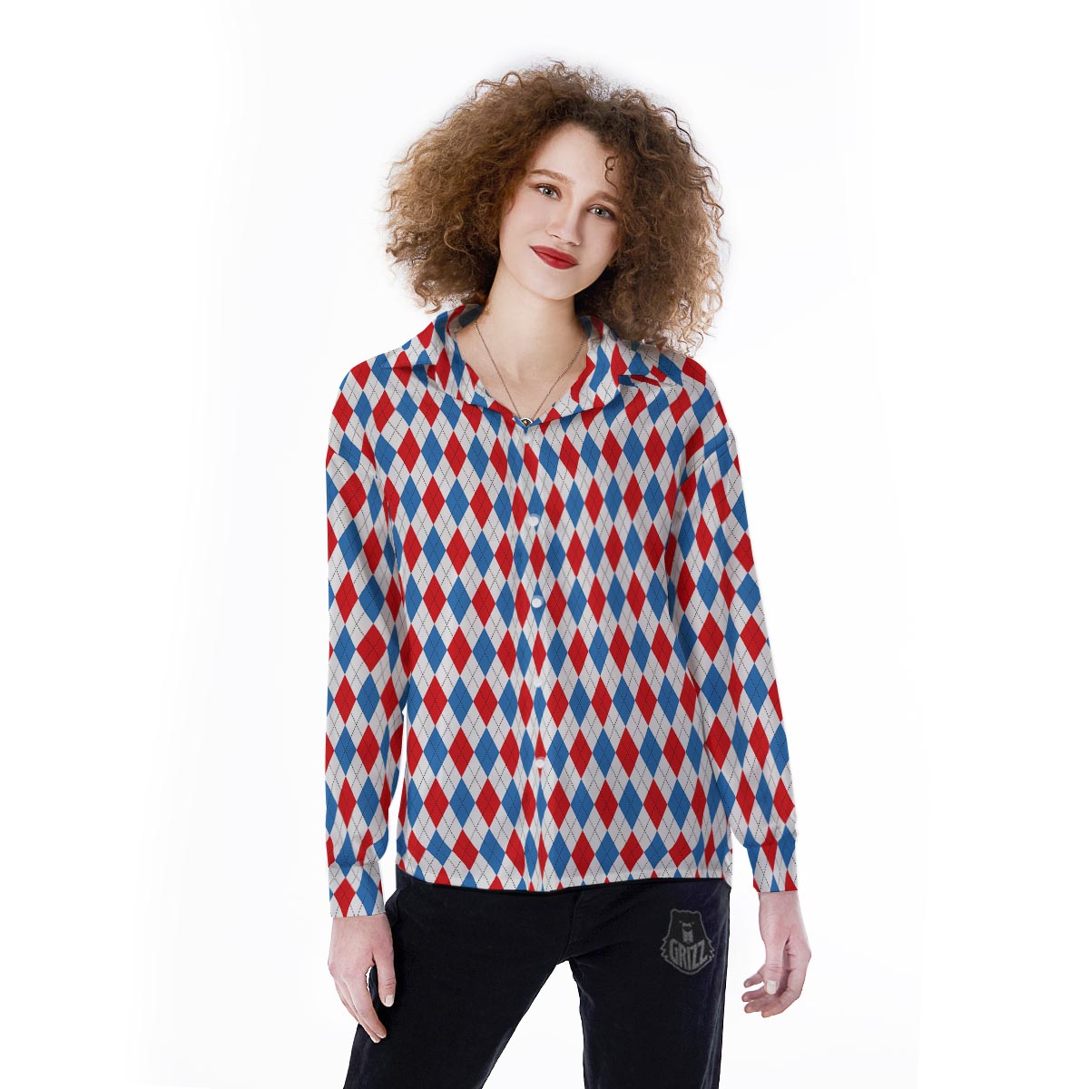 White Argyle And Blue Red Print Pattern Women's Long Sleeve Shirts-grizzshop