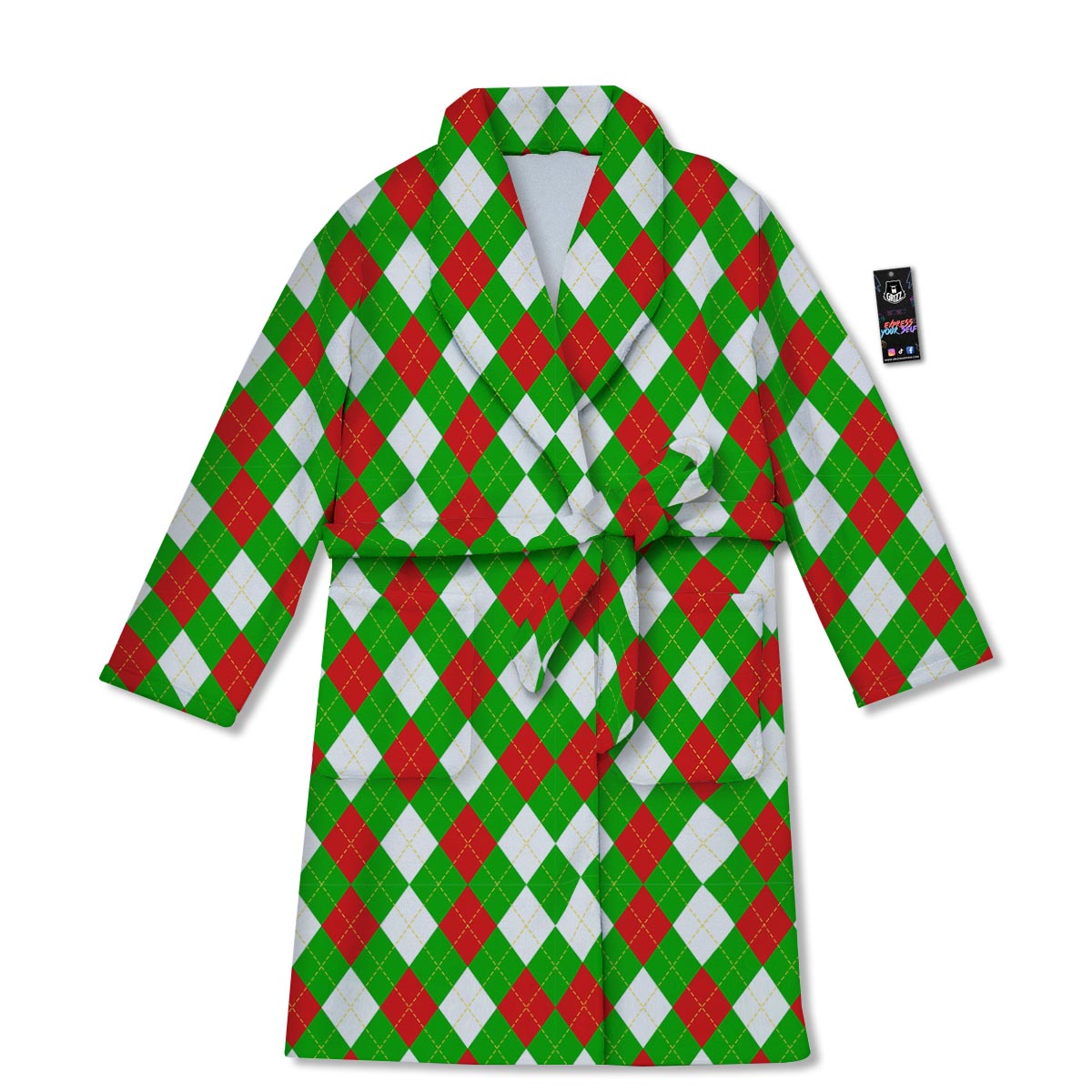 White Argyle And Green Red Print Pattern Bathrobe-grizzshop