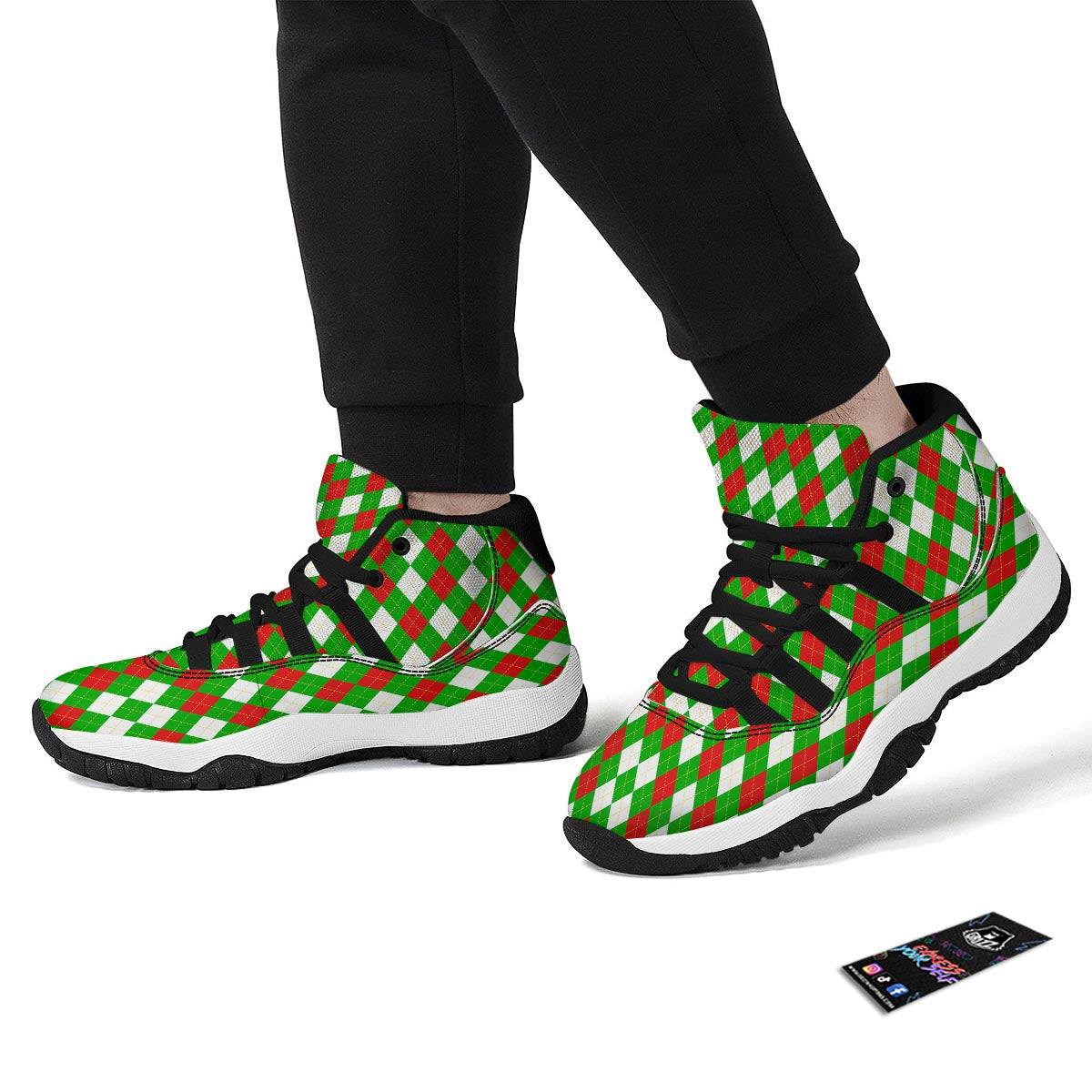 White Argyle And Green Red Print Pattern Black Bball Shoes-grizzshop
