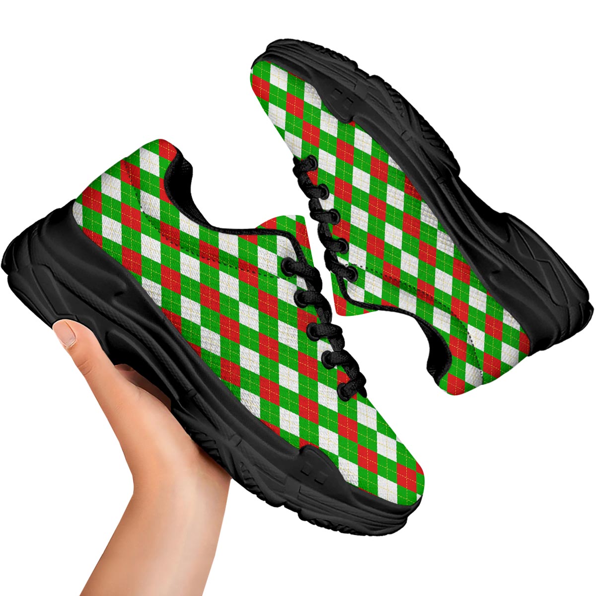 White Argyle And Green Red Print Pattern Black Chunky Shoes-grizzshop