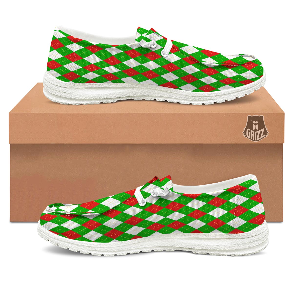 White Argyle And Green Red Print Pattern Black Loafers-grizzshop