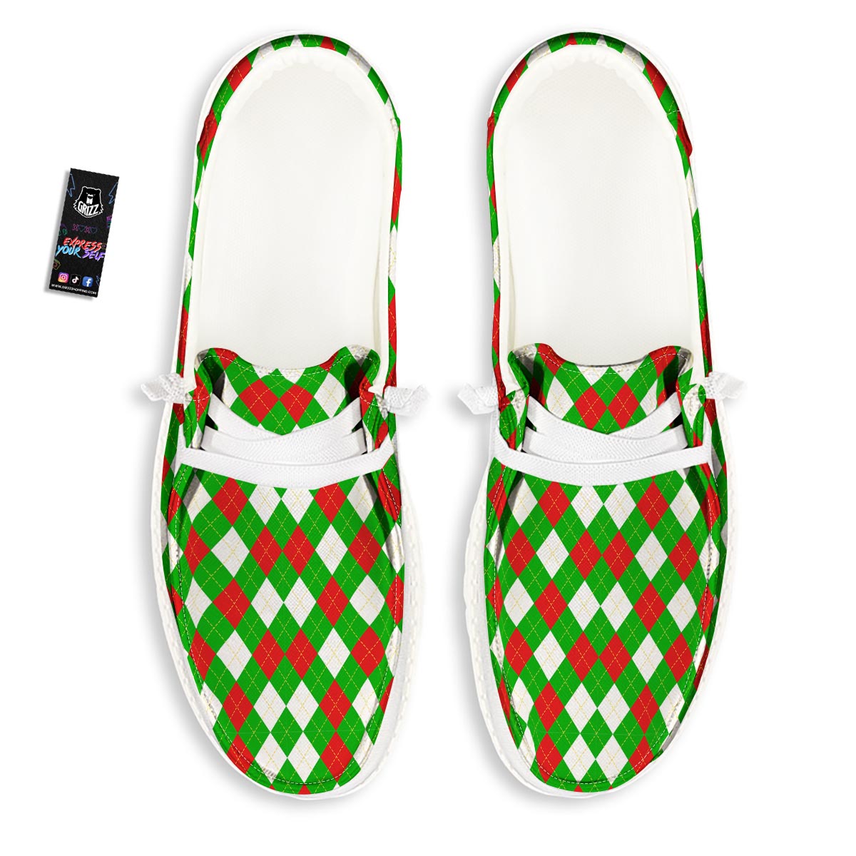 White Argyle And Green Red Print Pattern Black Loafers-grizzshop