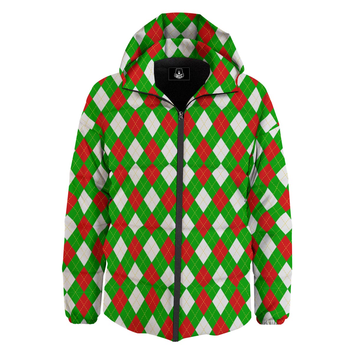 White Argyle And Green Red Print Pattern Down Jacket-grizzshop