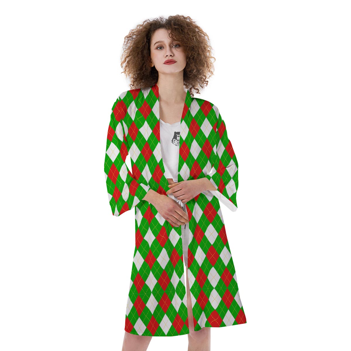 White Argyle And Green Red Print Pattern Kimono-grizzshop