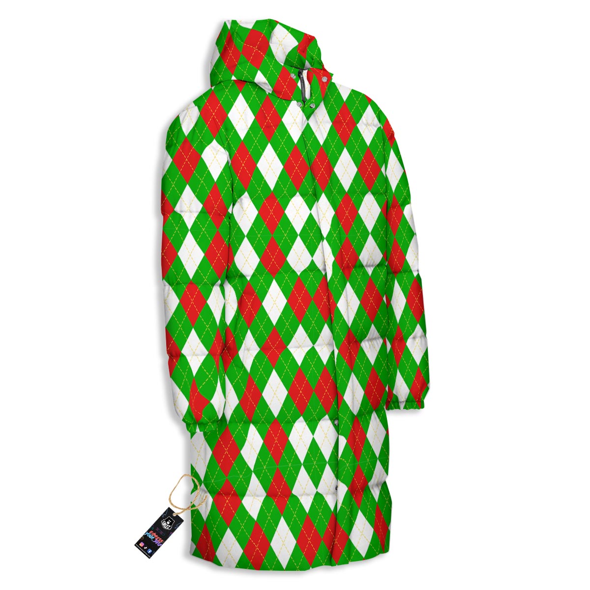 White Argyle And Green Red Print Pattern Long Down Jacket-grizzshop