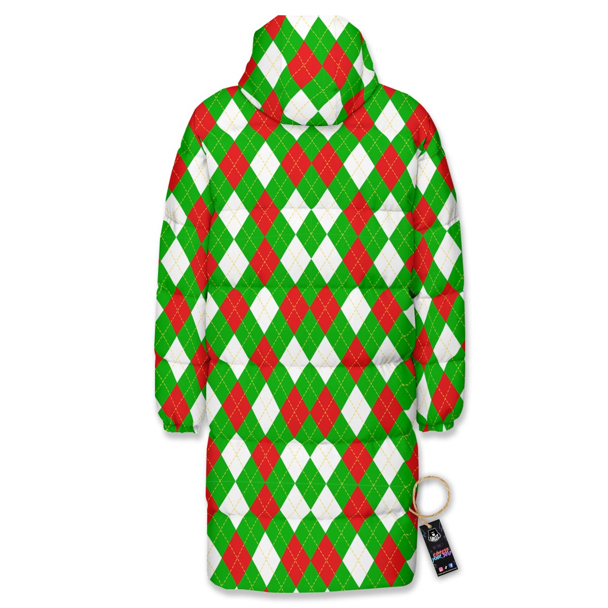 White Argyle And Green Red Print Pattern Long Down Jacket-grizzshop