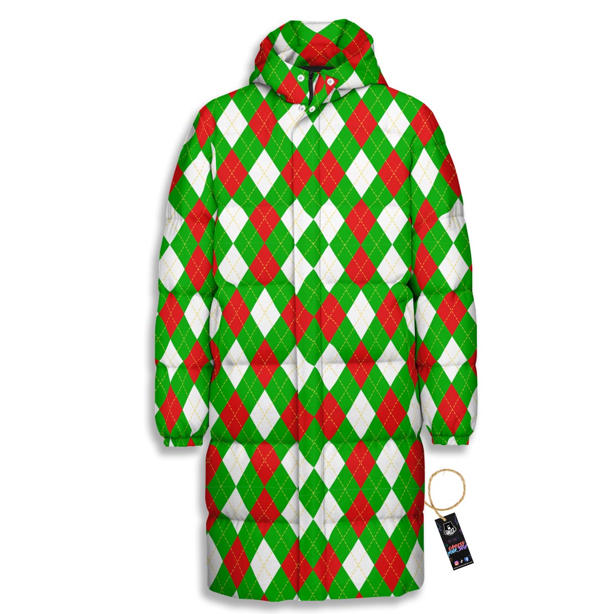 White Argyle And Green Red Print Pattern Long Down Jacket-grizzshop