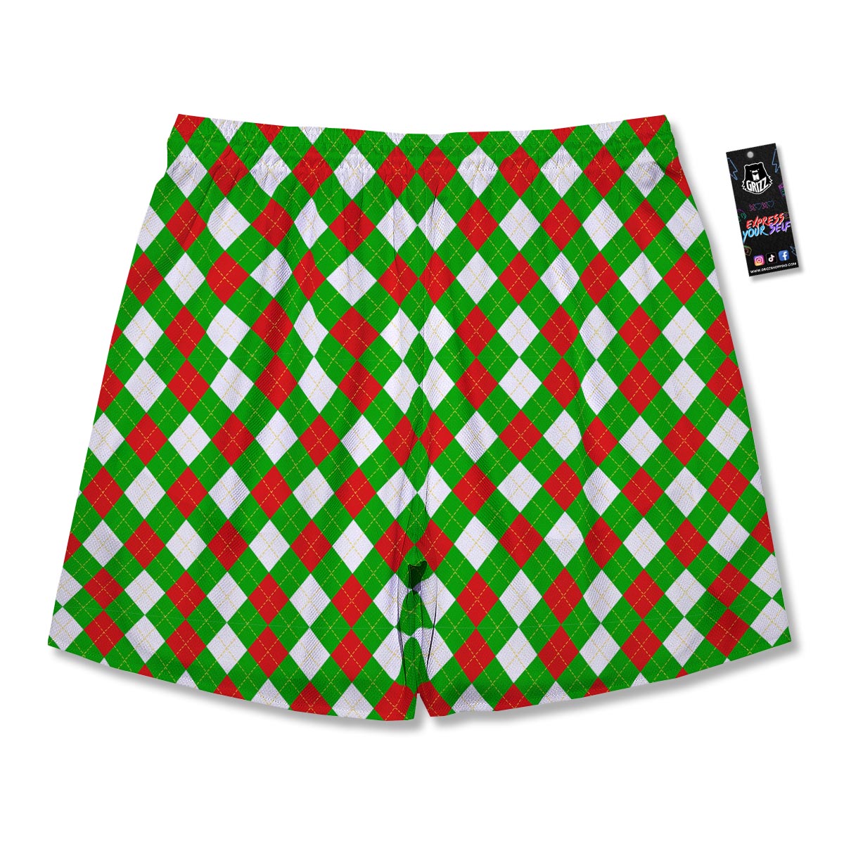 White Argyle And Green Red Print Pattern Men's Running Shorts-grizzshop