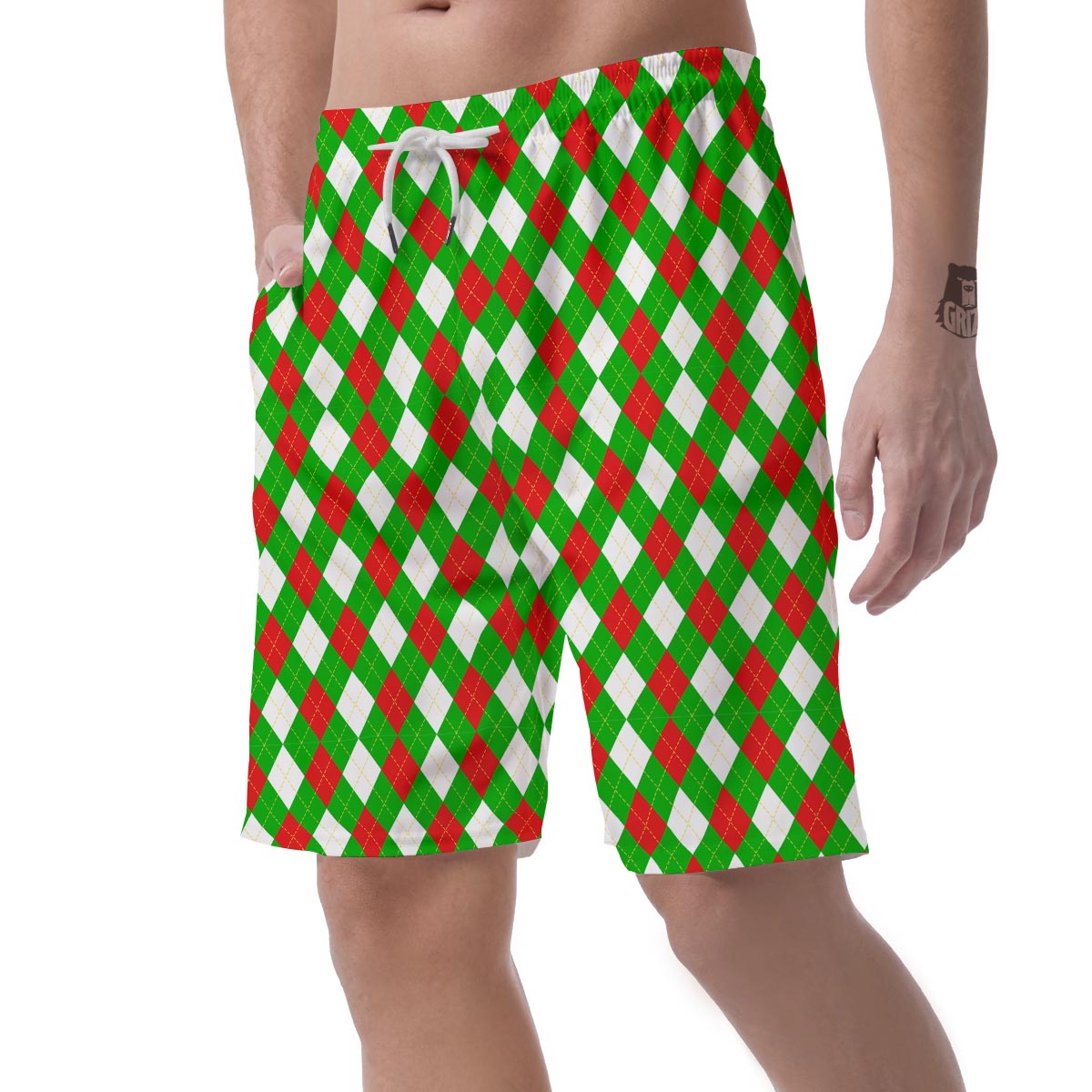 White Argyle And Green Red Print Pattern Men's Shorts-grizzshop