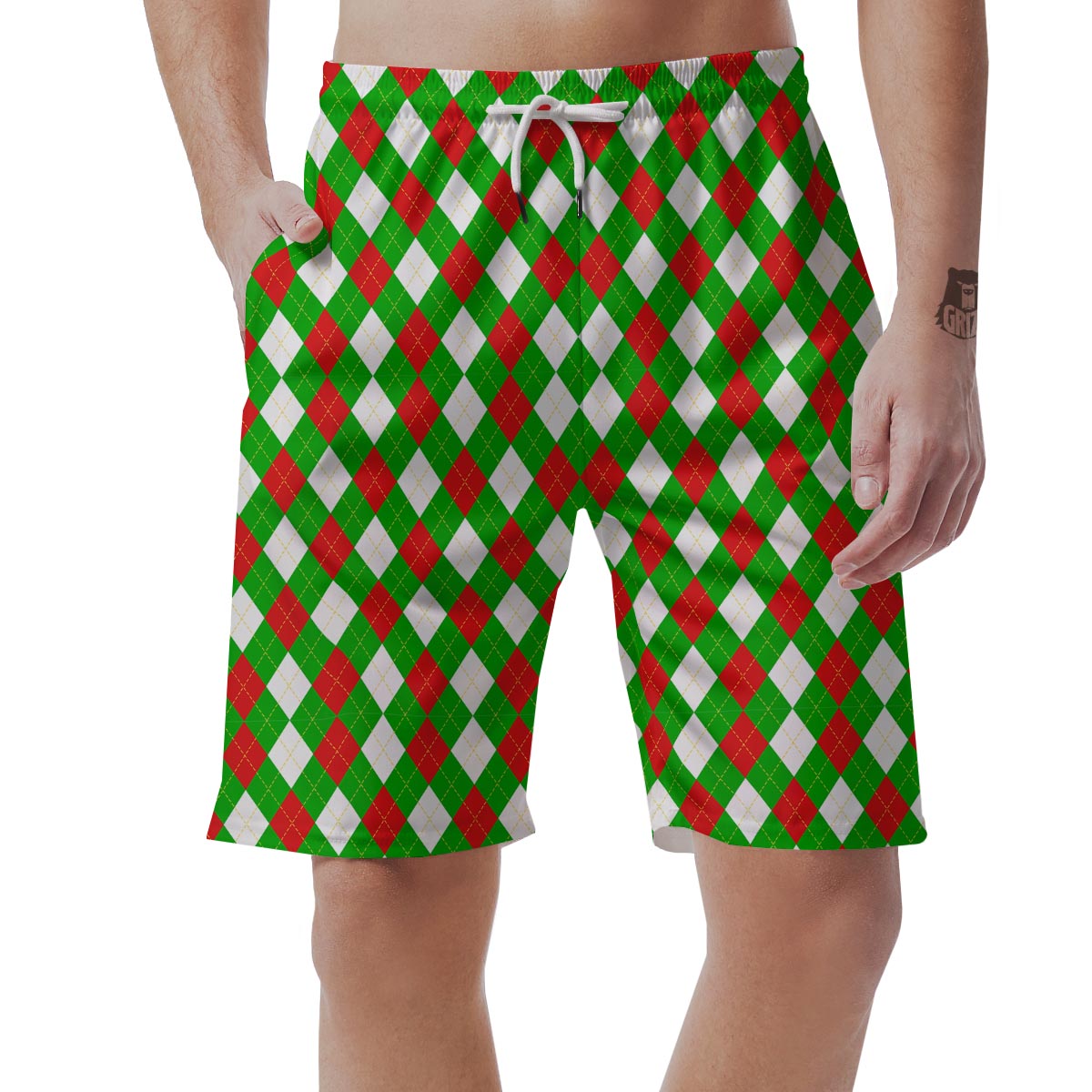 White Argyle And Green Red Print Pattern Men's Shorts-grizzshop