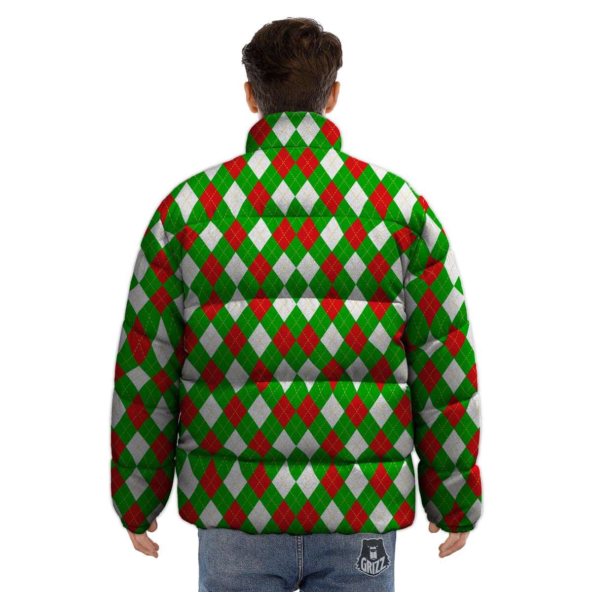 White Argyle And Green Red Print Pattern Puffer Jacket-grizzshop